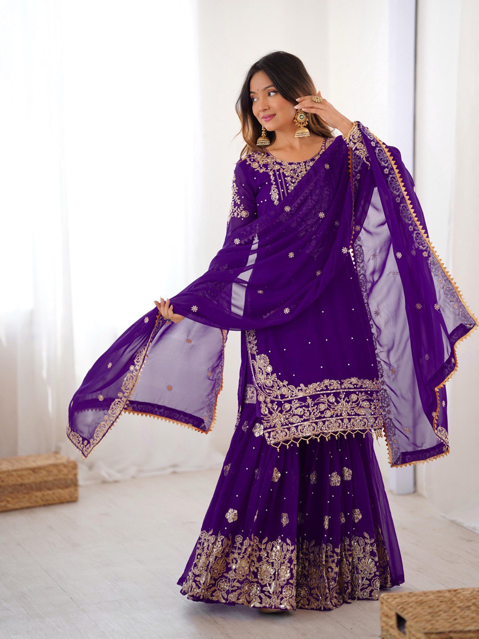 Women's Faux Georgette Embroidered Sharara Set with Dupatta