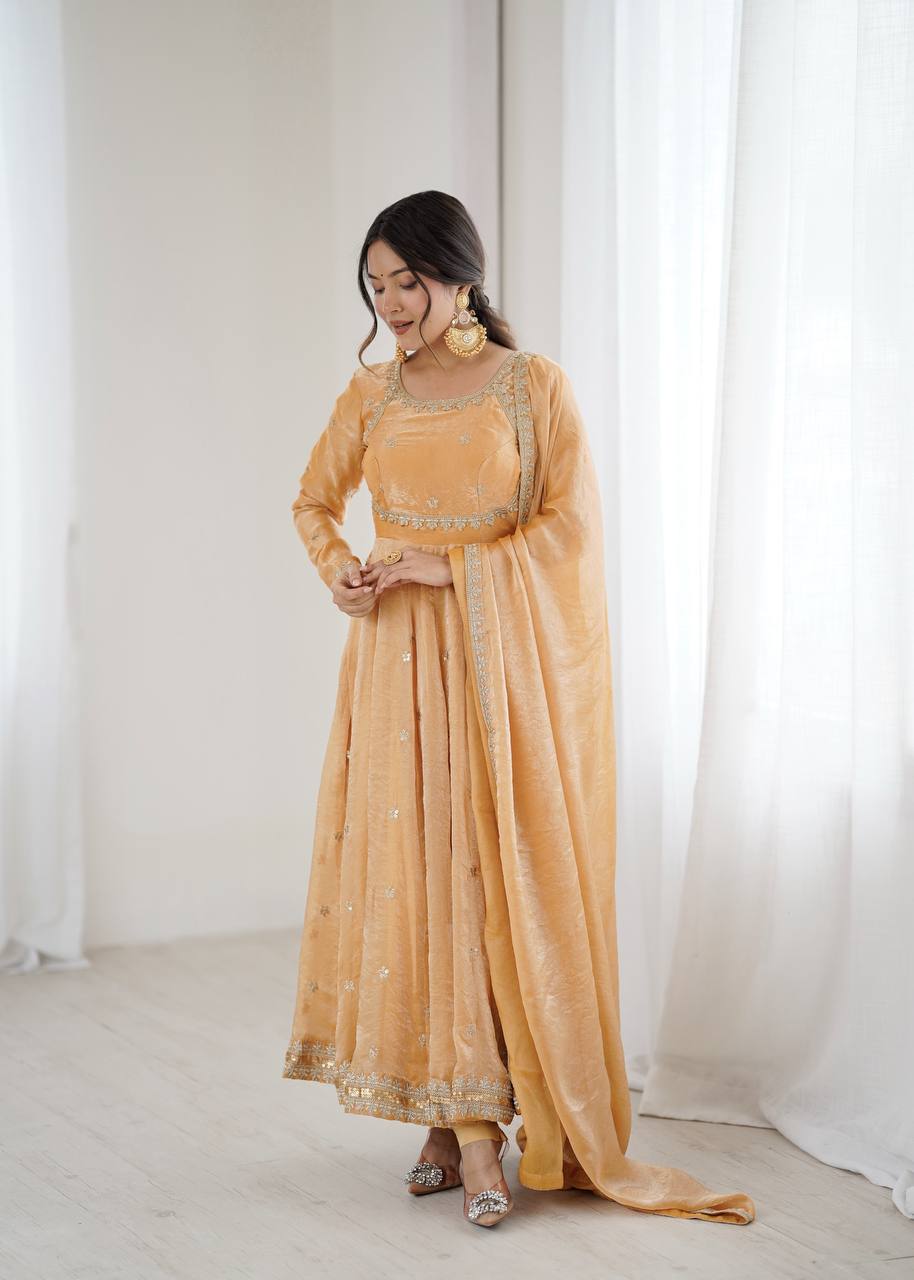 Women's Fandy Silk Embroidered Gown Set with Pant and Dupatta