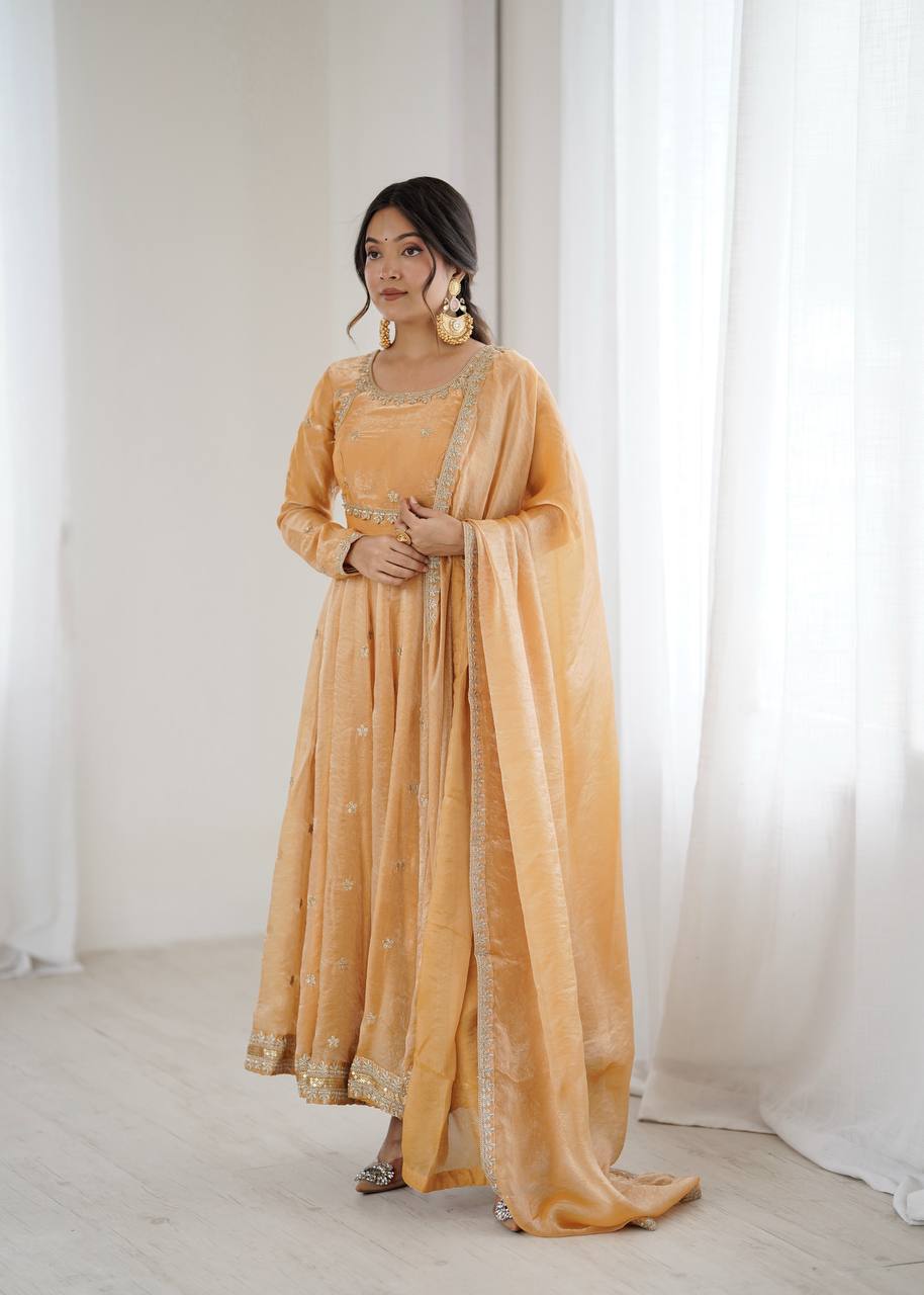 Women's Fandy Silk Embroidered Gown Set with Pant and Dupatta