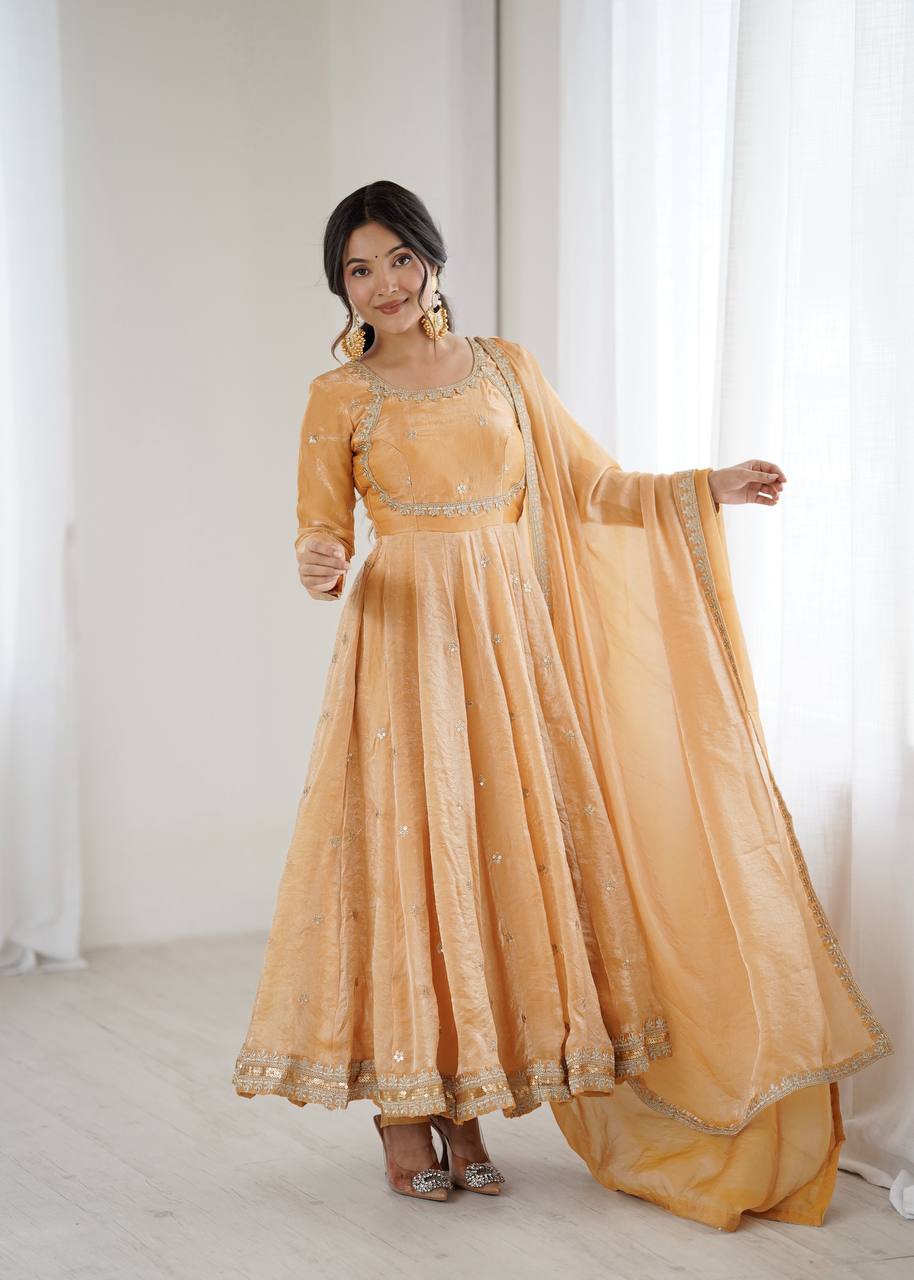 Women's Fandy Silk Embroidered Gown Set with Pant and Dupatta