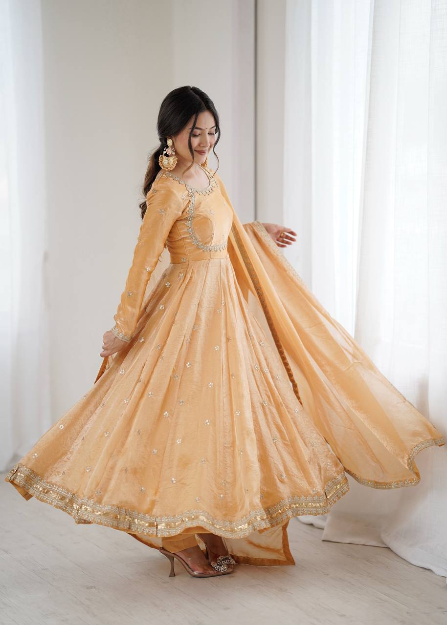 Women's Fandy Silk Embroidered Gown Set with Pant and Dupatta