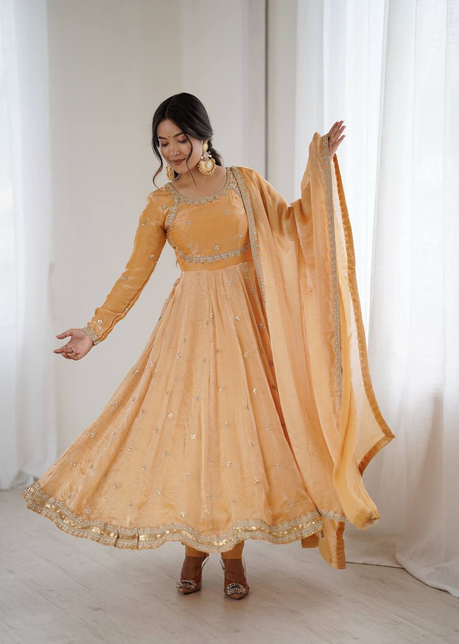 Women's Fandy Silk Embroidered Gown Set with Pant and Dupatta
