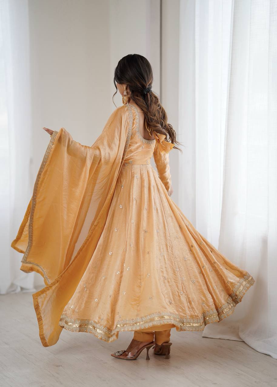 Women's Fandy Silk Embroidered Gown Set with Pant and Dupatta