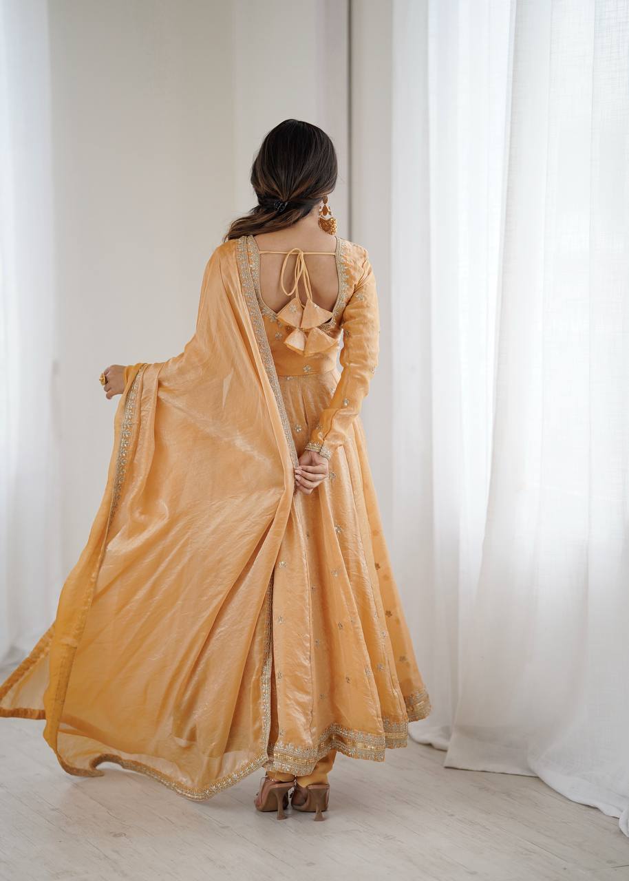 Women's Fandy Silk Embroidered Gown Set with Pant and Dupatta