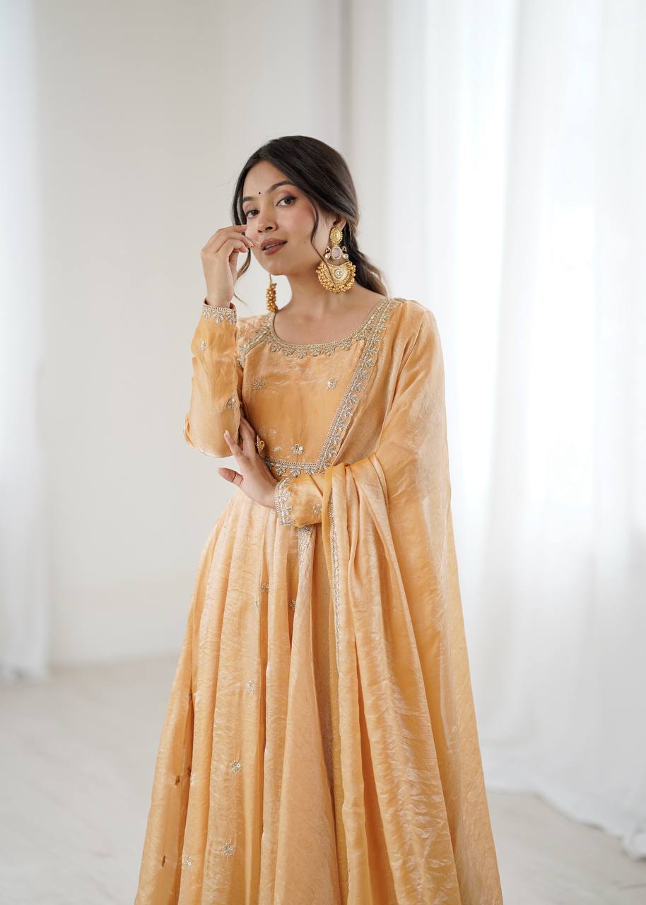 Women's Fandy Silk Embroidered Gown Set with Pant and Dupatta