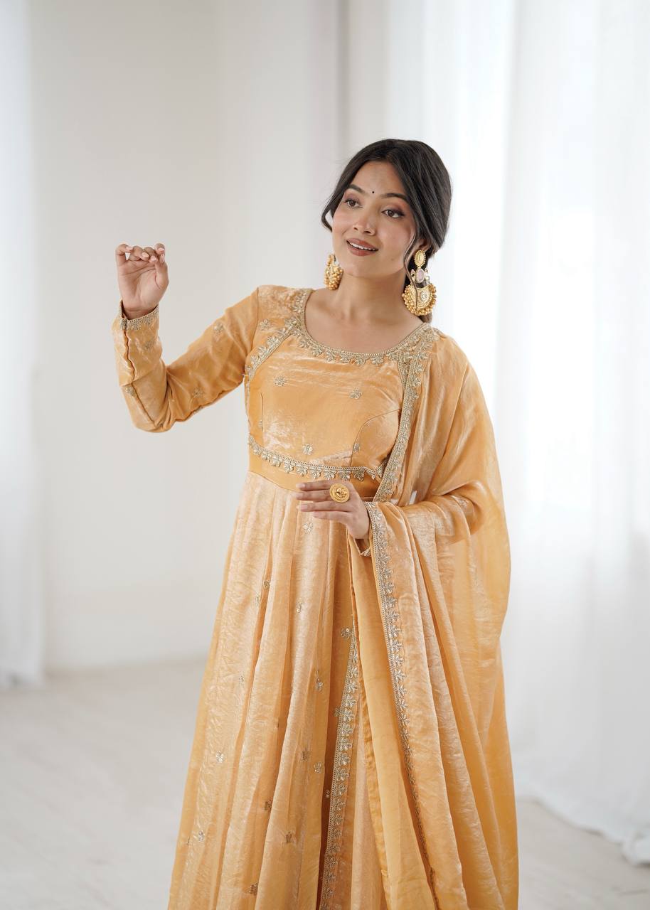 Women's Fandy Silk Embroidered Gown Set with Pant and Dupatta