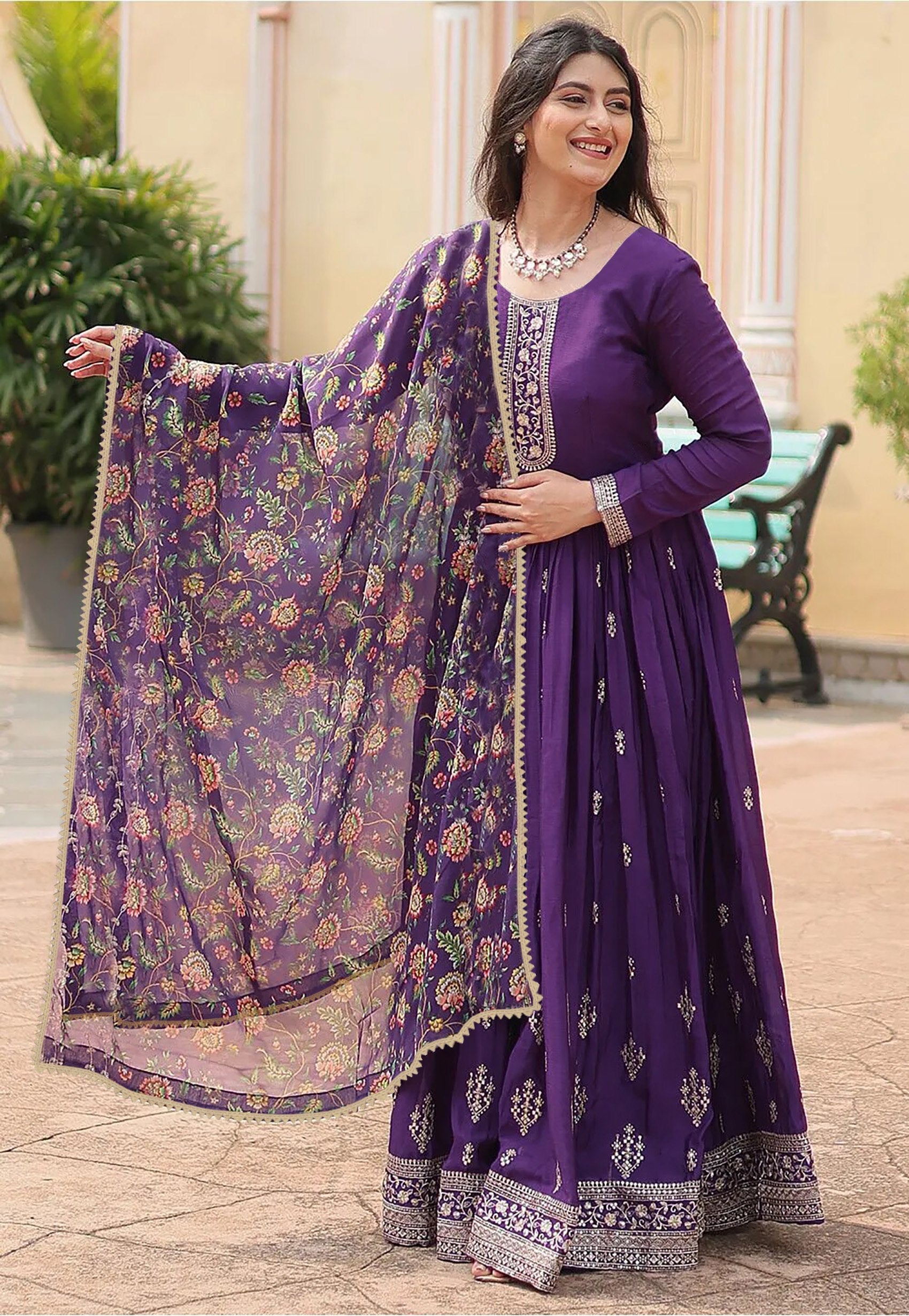 Women's Purple Embroidered Georgette Anarkali Gown with Lace Border Dupatta