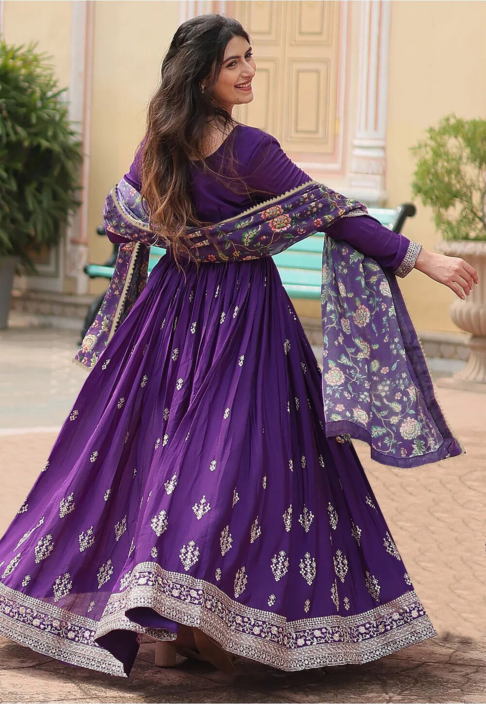 Women's Purple Embroidered Georgette Anarkali Gown with Lace Border Dupatta