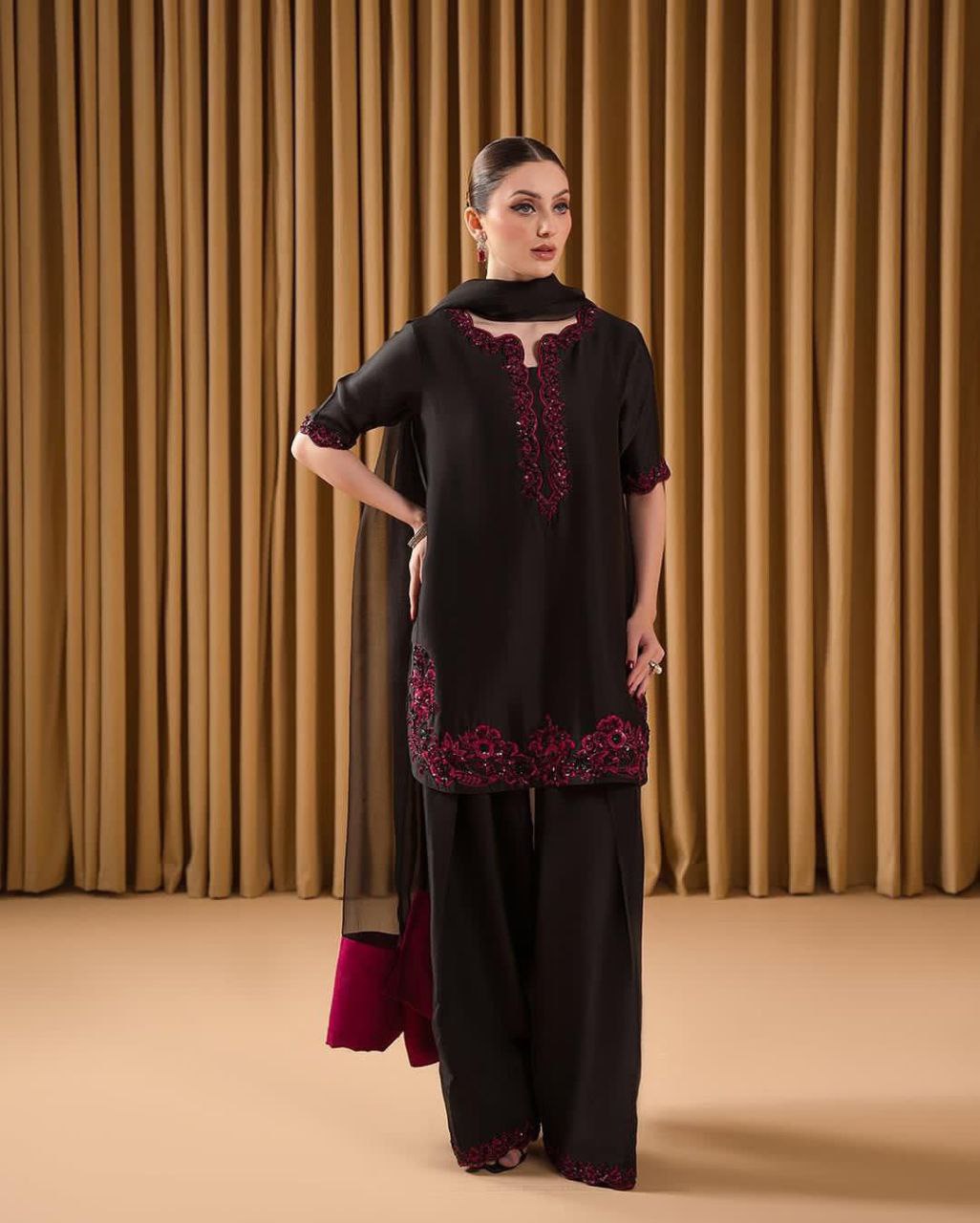 Pure French Crepe Embroidered Kurta Palazzo Set with Georgette Designer Dupatta