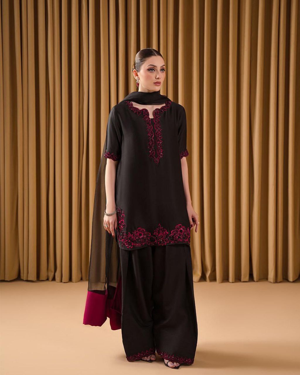 Pure French Crepe Embroidered Kurta Palazzo Set with Georgette Designer Dupatta