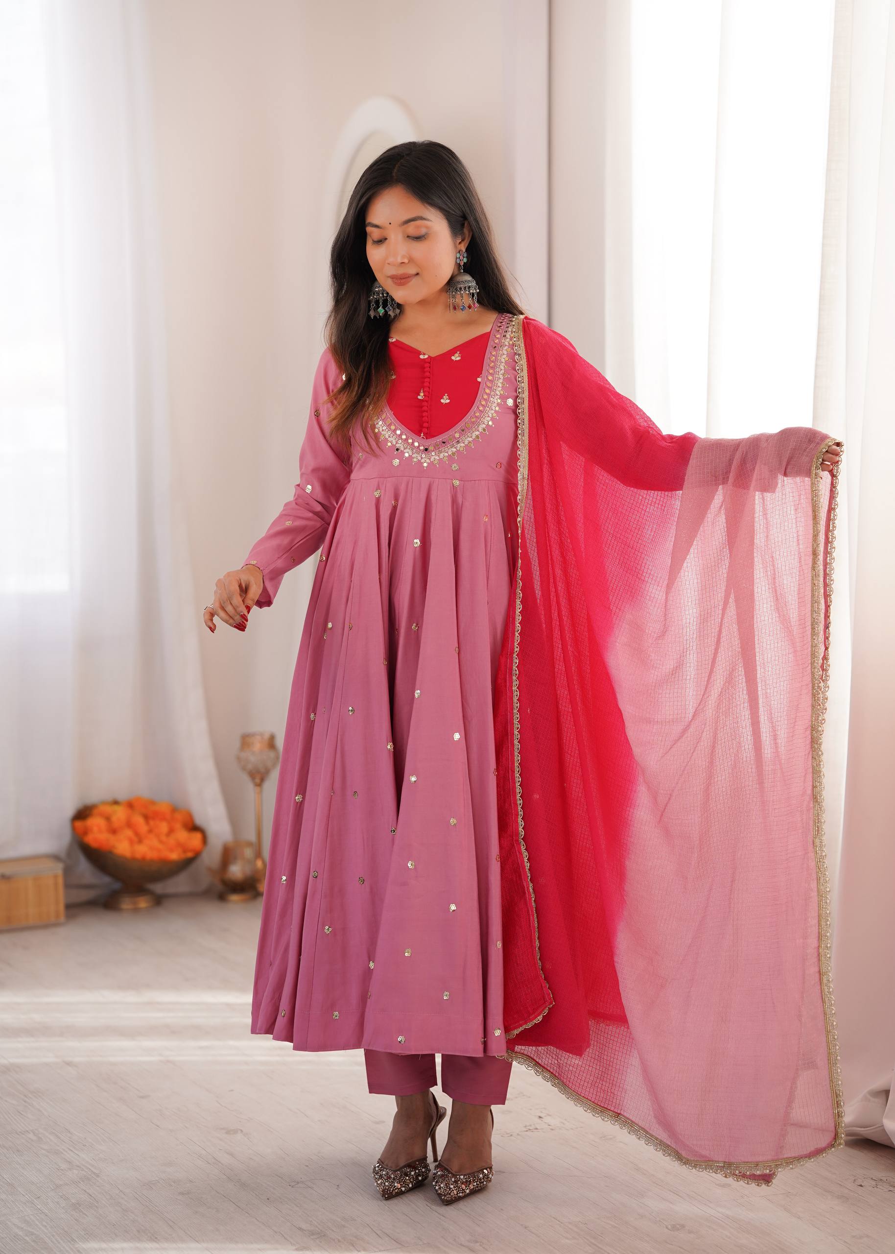 Roman Silk Embroidered Anarkali Gown with Real Mirror Work Three Piece Set