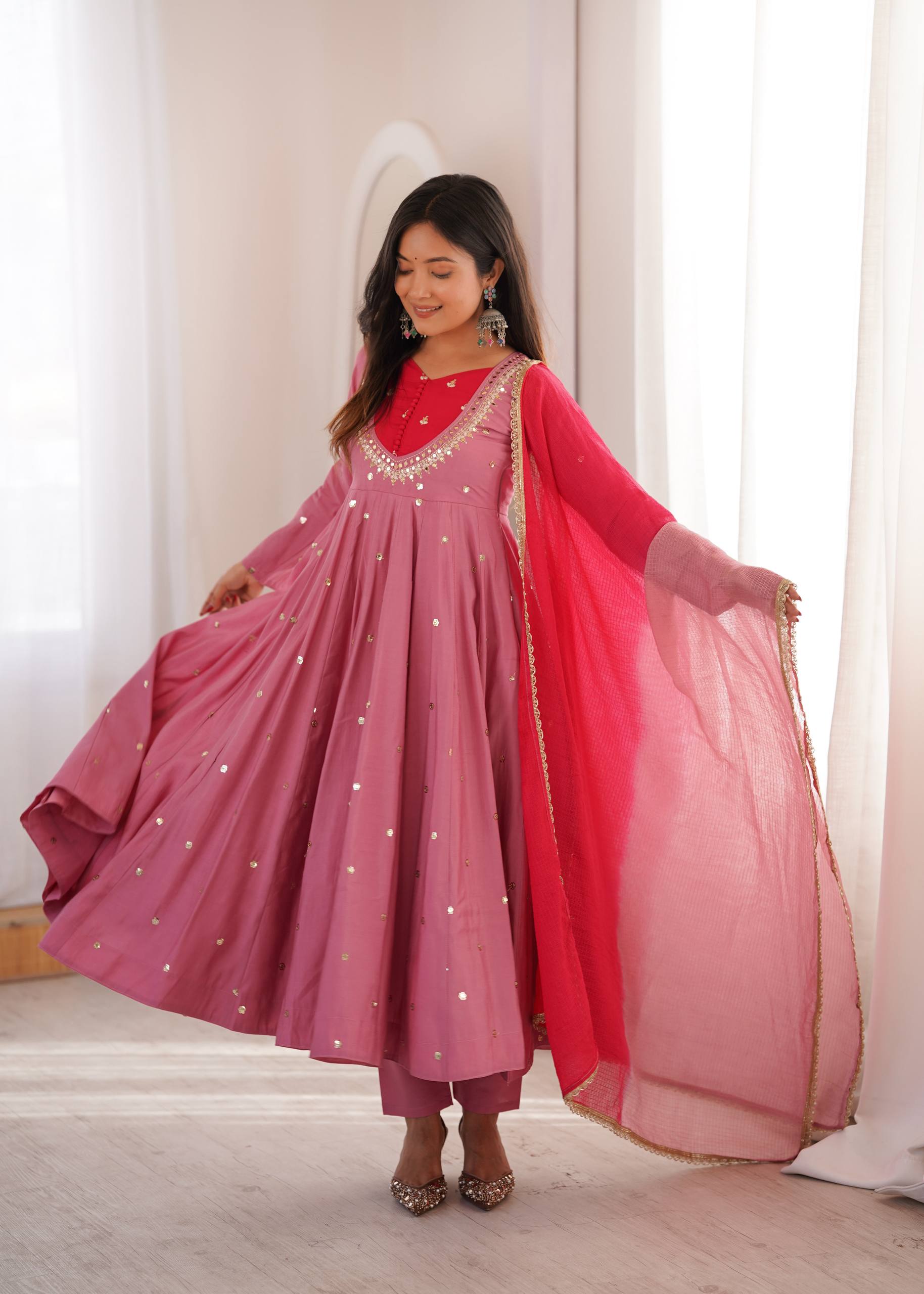 Roman Silk Embroidered Anarkali Gown with Real Mirror Work Three Piece Set