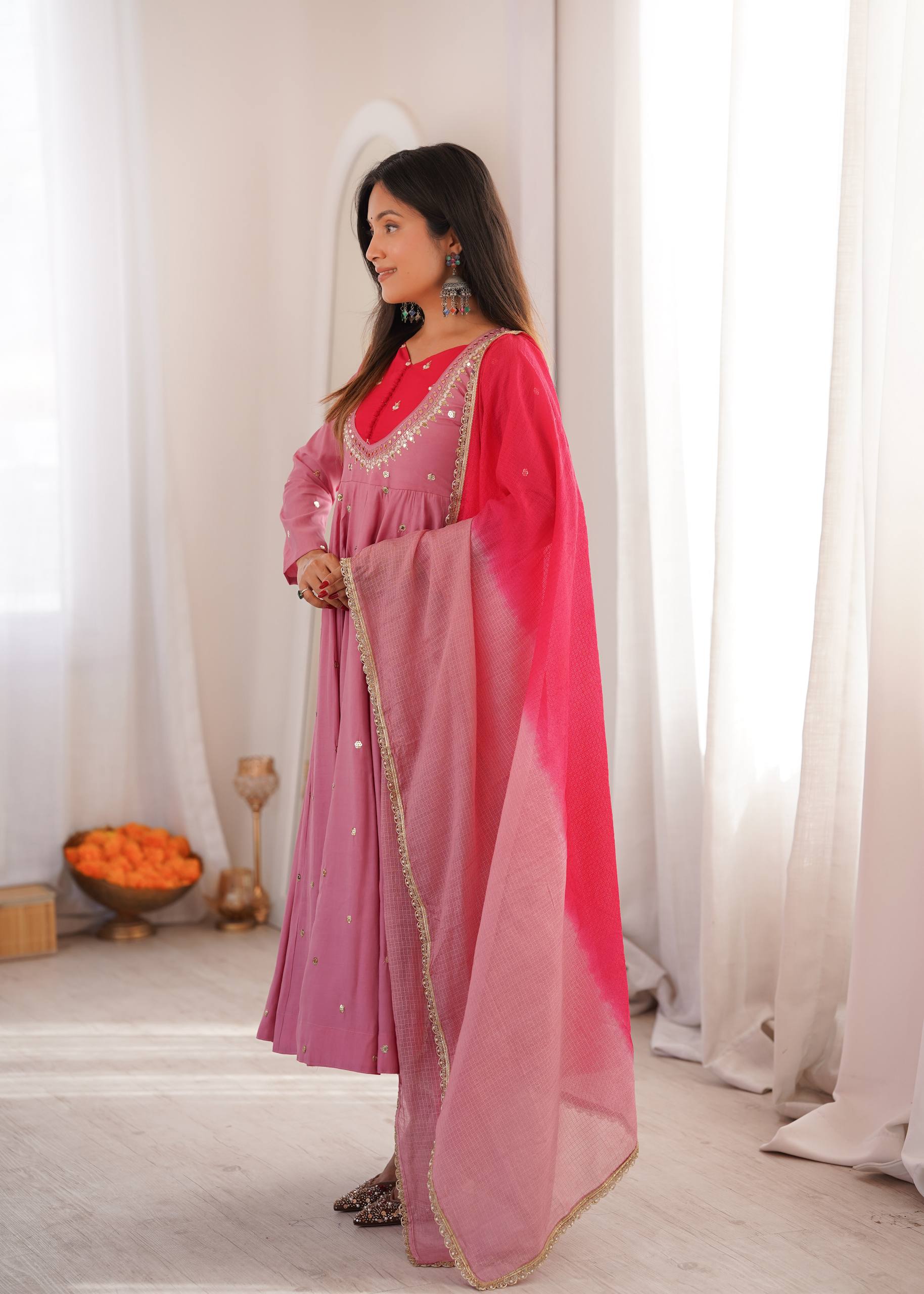 Roman Silk Embroidered Anarkali Gown with Real Mirror Work Three Piece Set