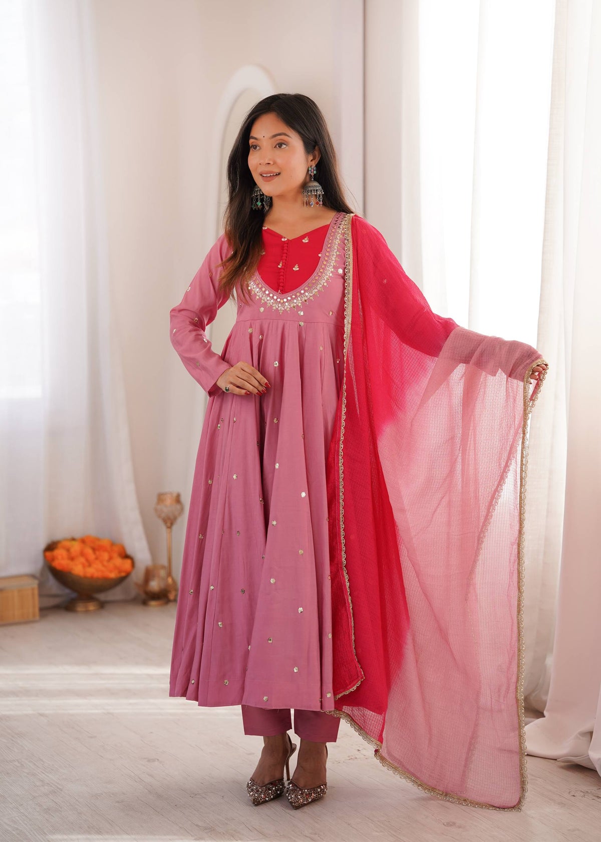 Roman Silk Embroidered Anarkali Gown with Real Mirror Work Three Piece Set