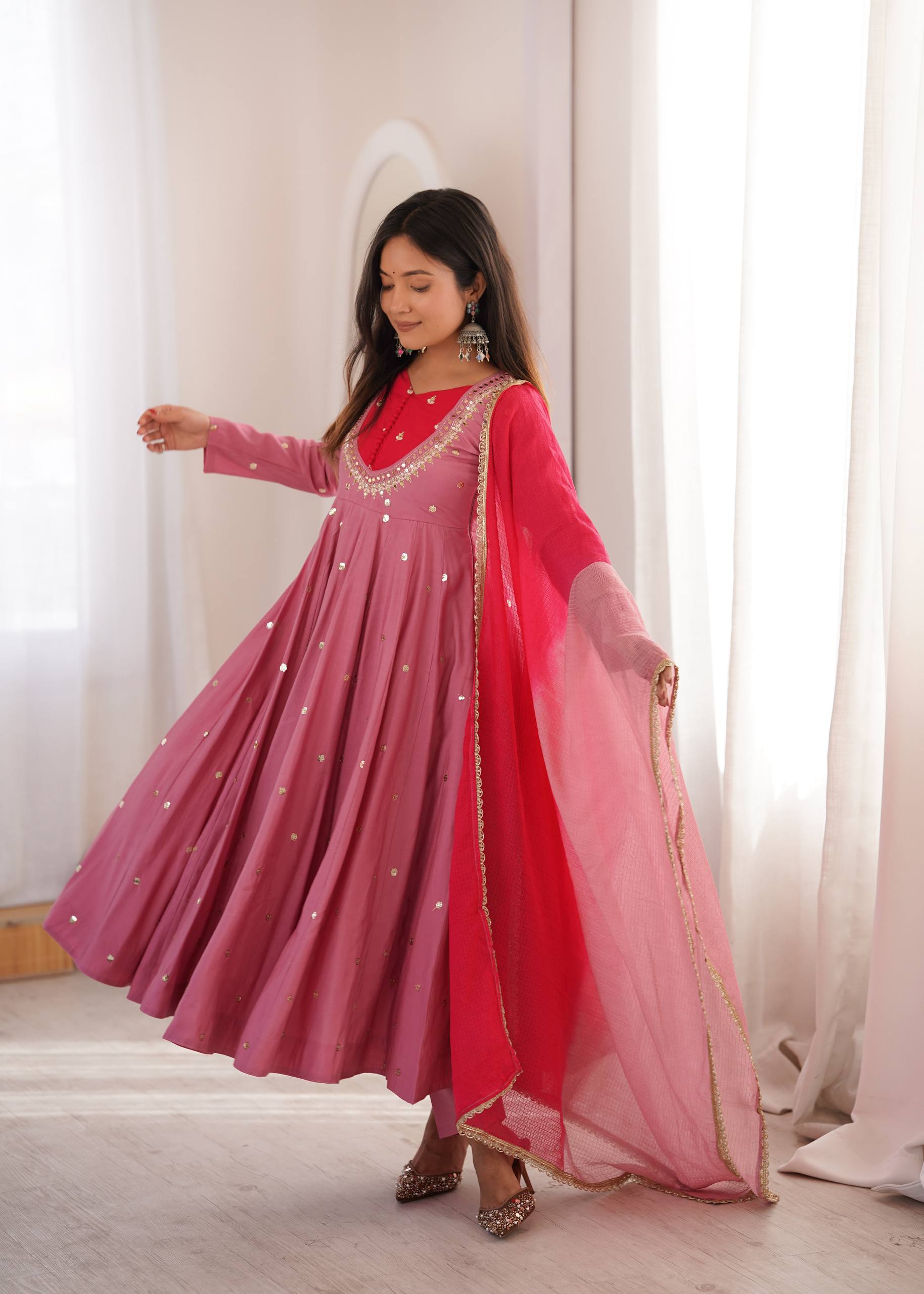 Roman Silk Embroidered Anarkali Gown with Real Mirror Work Three Piece Set