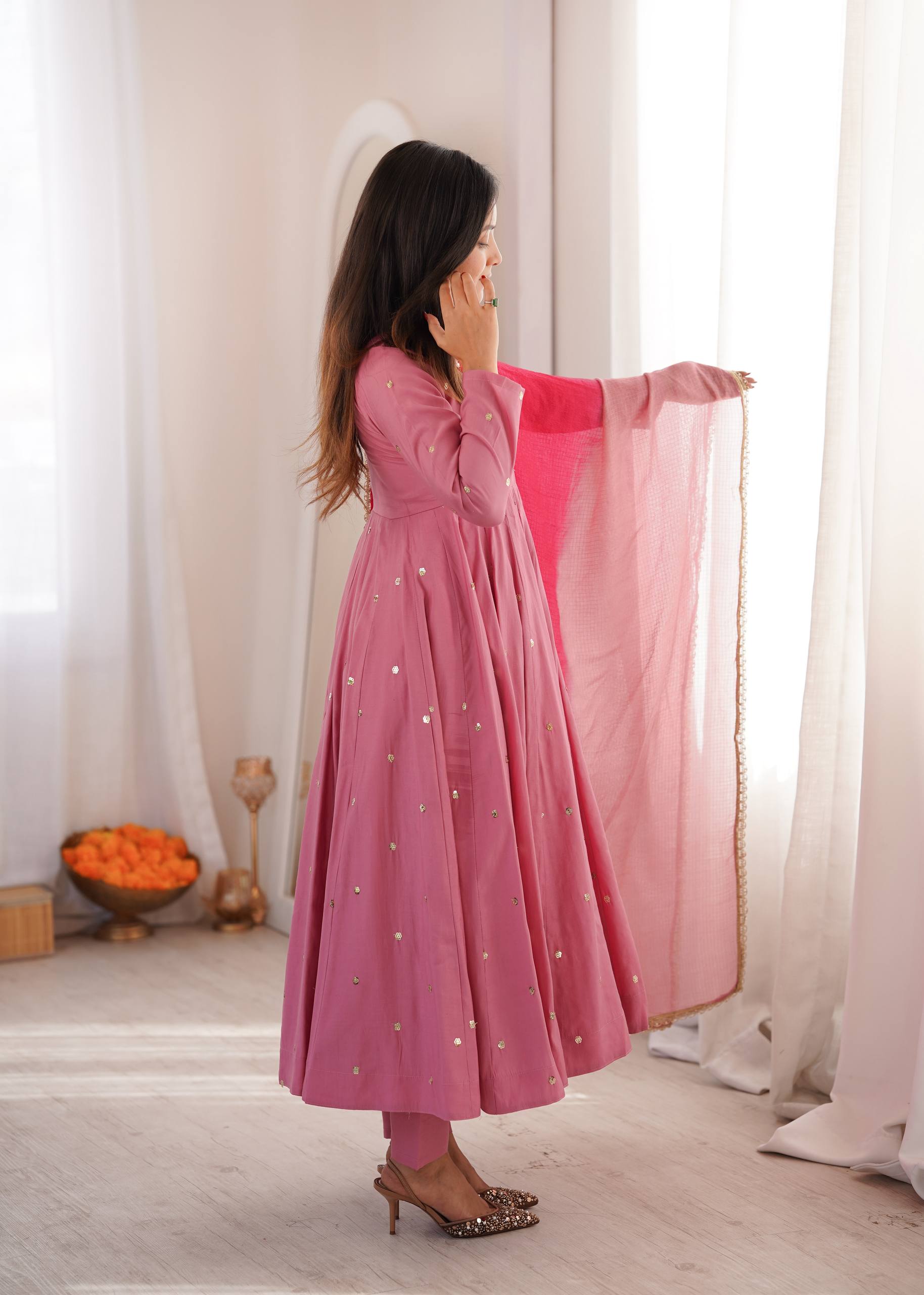 Roman Silk Embroidered Anarkali Gown with Real Mirror Work Three Piece Set