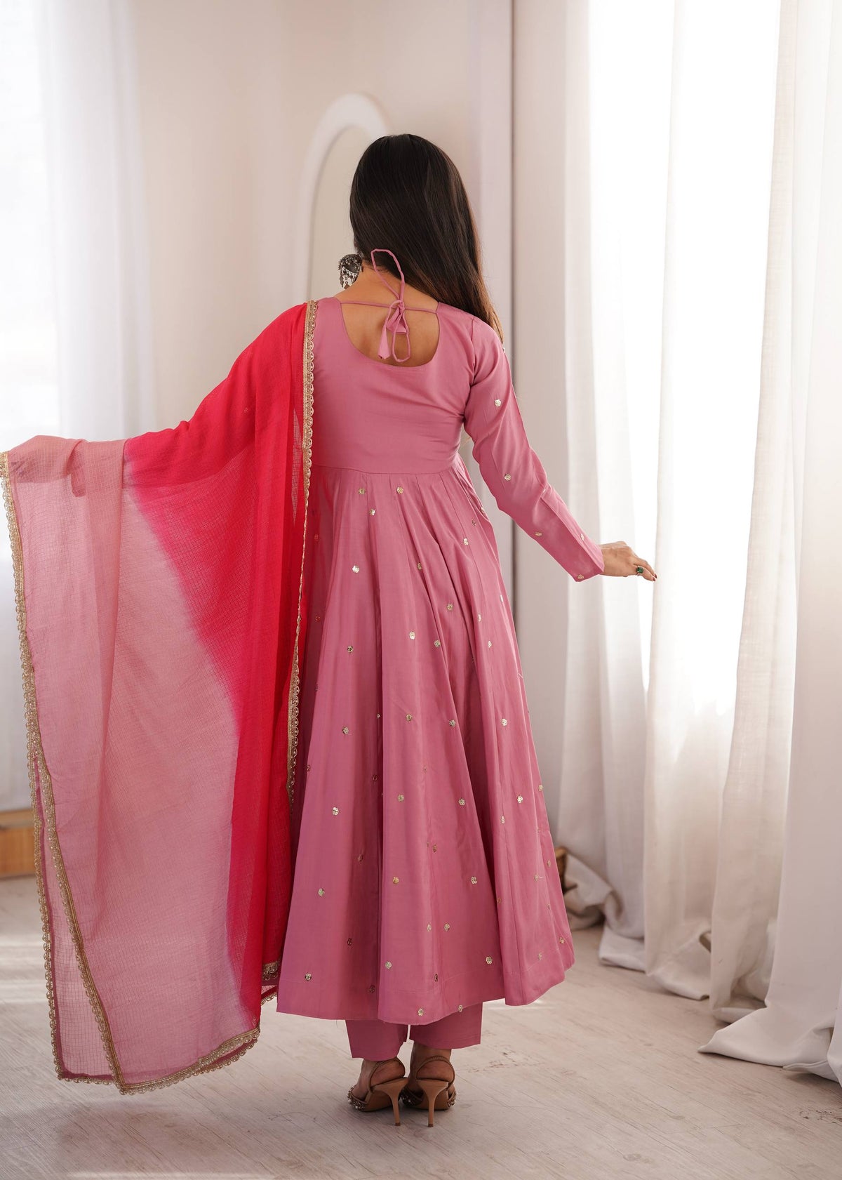Roman Silk Embroidered Anarkali Gown with Real Mirror Work Three Piece Set