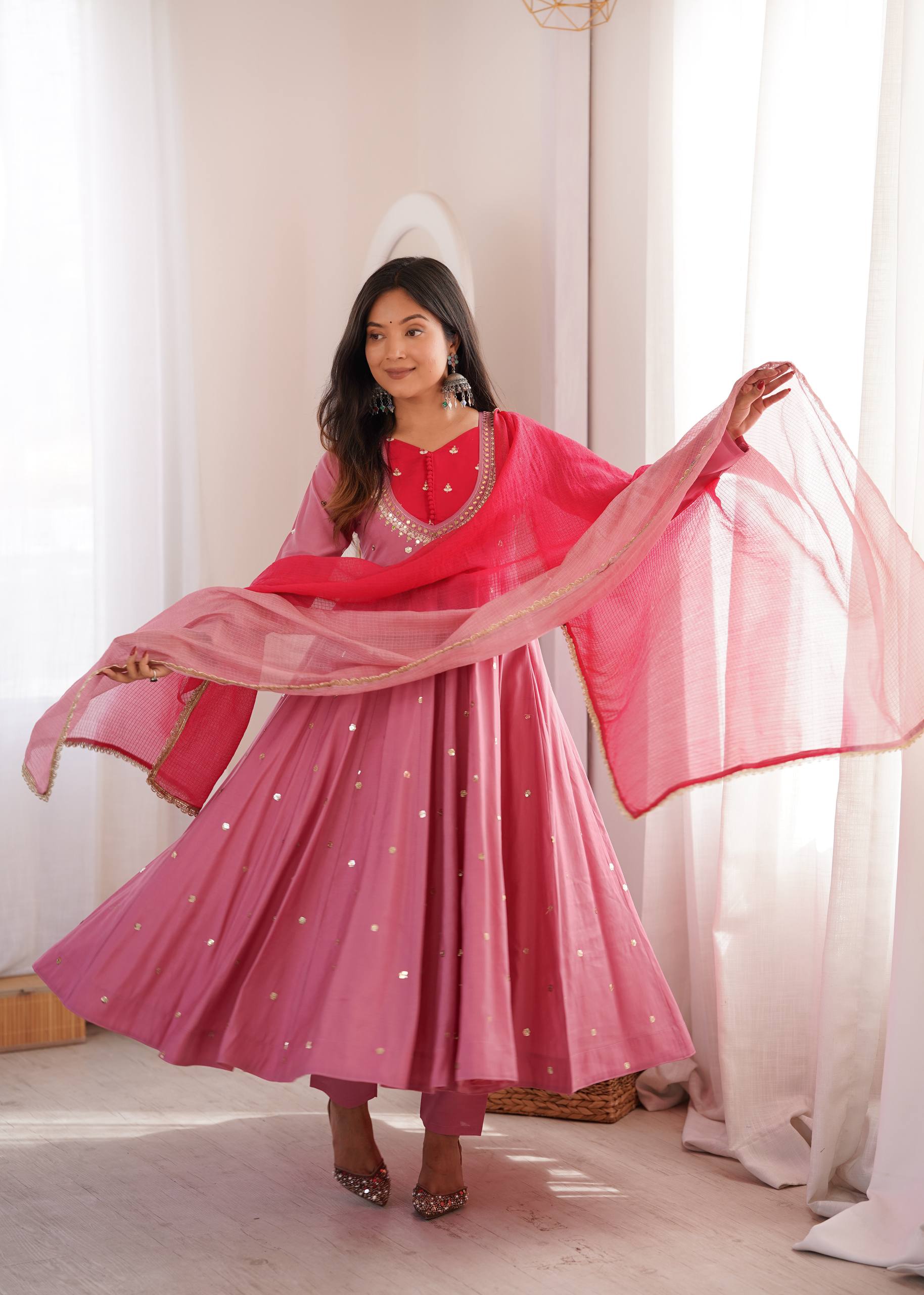 Roman Silk Embroidered Anarkali Gown with Real Mirror Work Three Piece Set