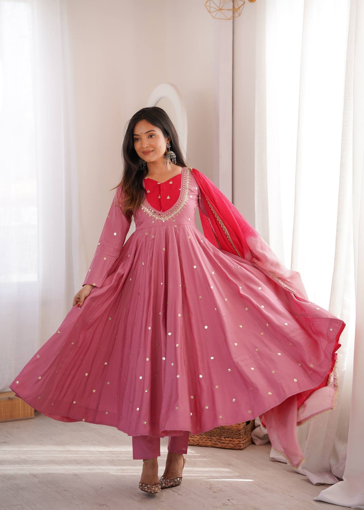 Roman Silk Embroidered Anarkali Gown with Real Mirror Work Three Piece Set