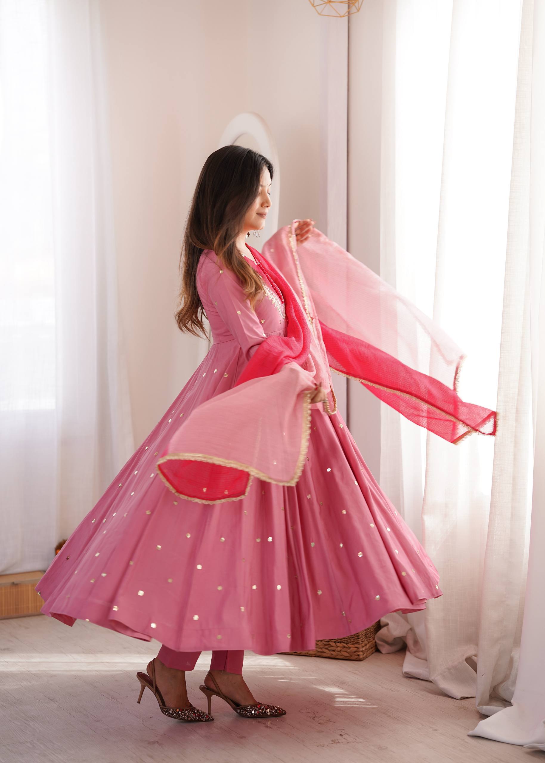 Roman Silk Embroidered Anarkali Gown with Real Mirror Work Three Piece Set