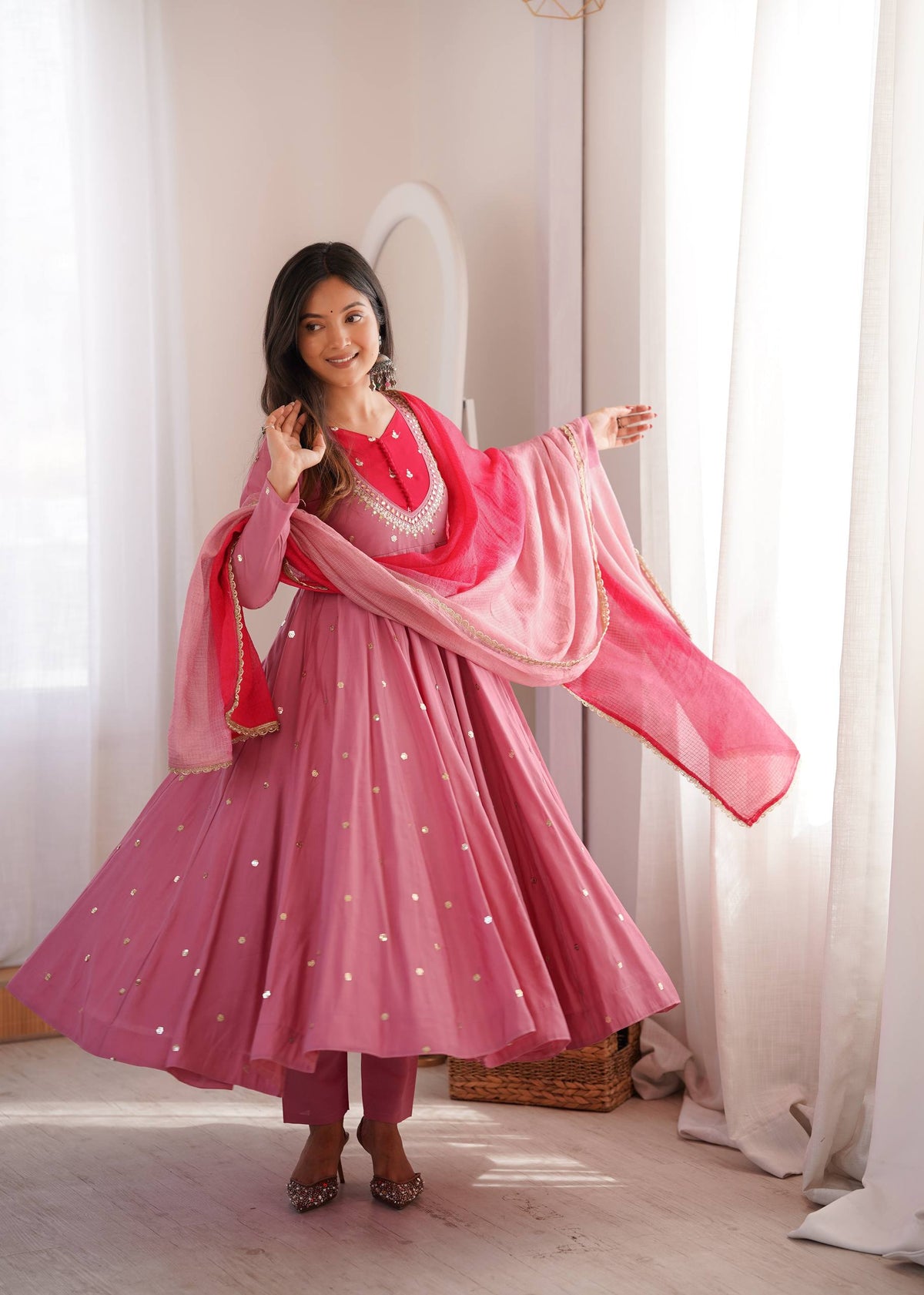 Roman Silk Embroidered Anarkali Gown with Real Mirror Work Three Piece Set