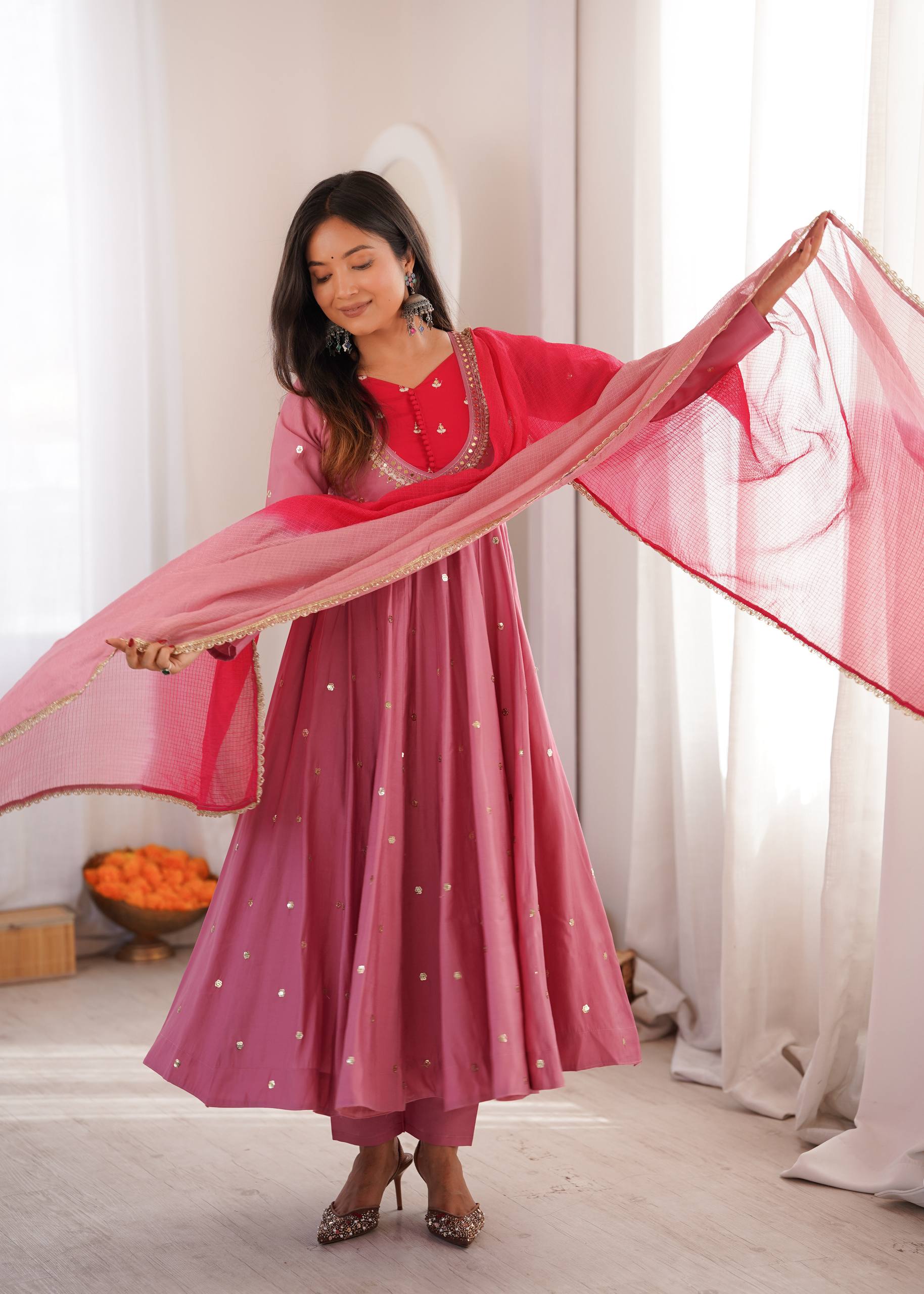 Roman Silk Embroidered Anarkali Gown with Real Mirror Work Three Piece Set