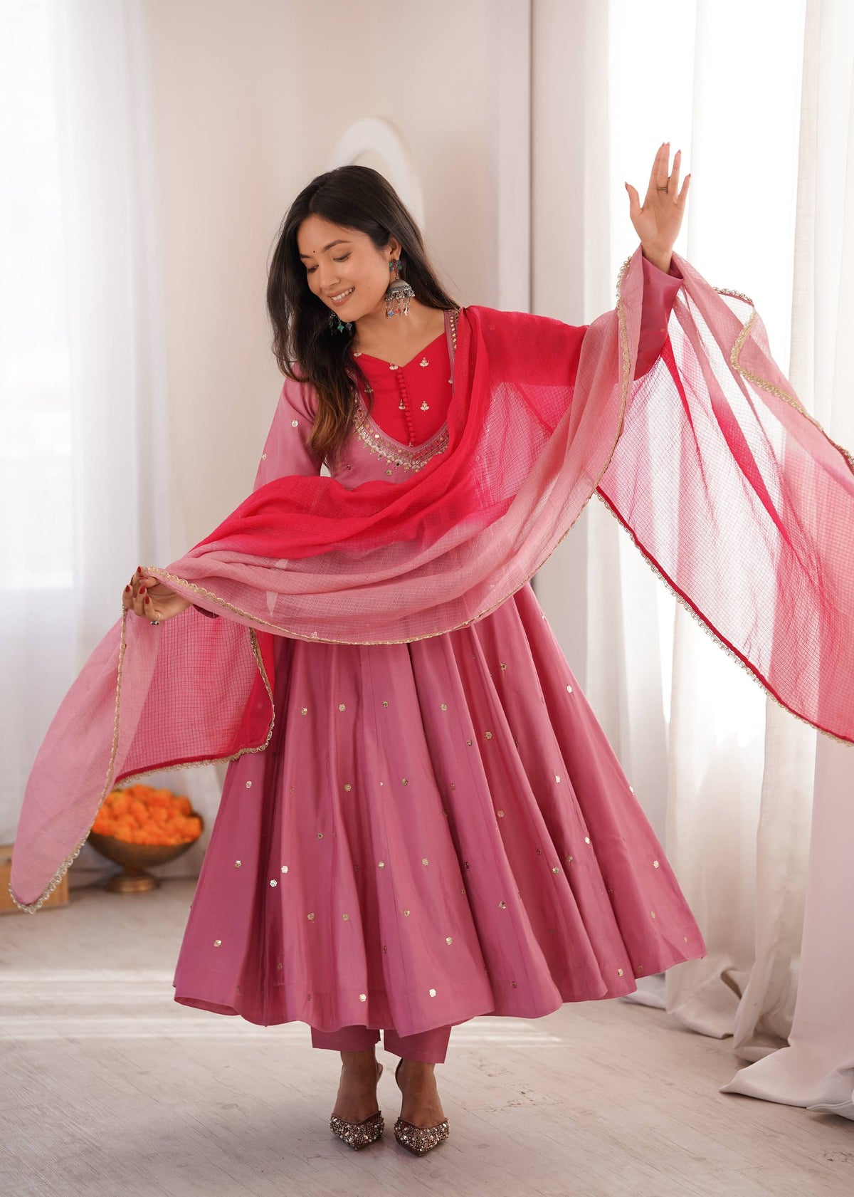 Roman Silk Embroidered Anarkali Gown with Real Mirror Work Three Piece Set