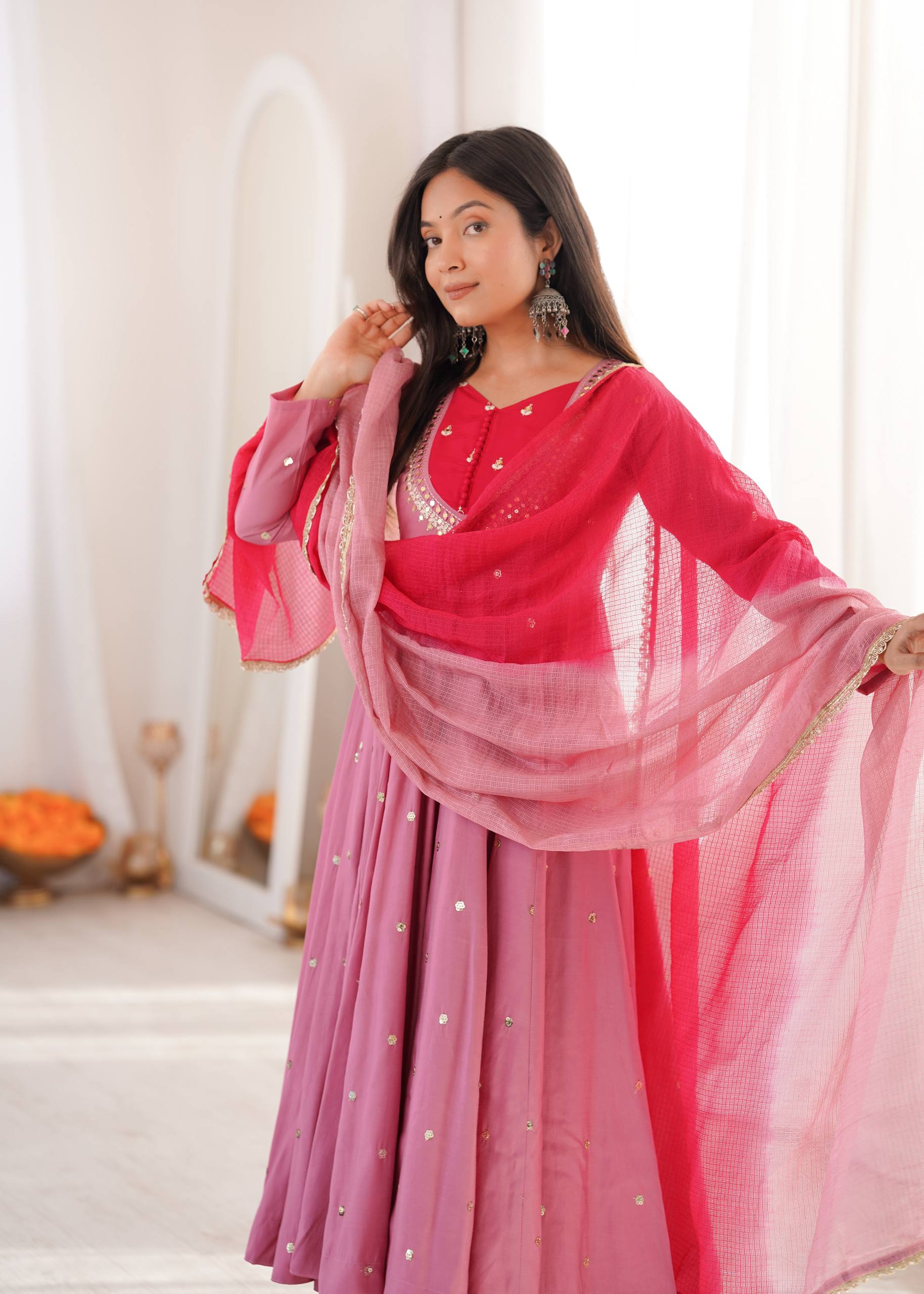 Roman Silk Embroidered Anarkali Gown with Real Mirror Work Three Piece Set