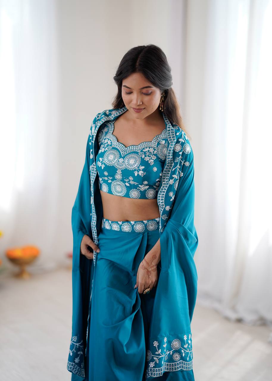 Women's Crepe Silk Indo-Western Dhoti Set with Embroidered Shrug and Choli