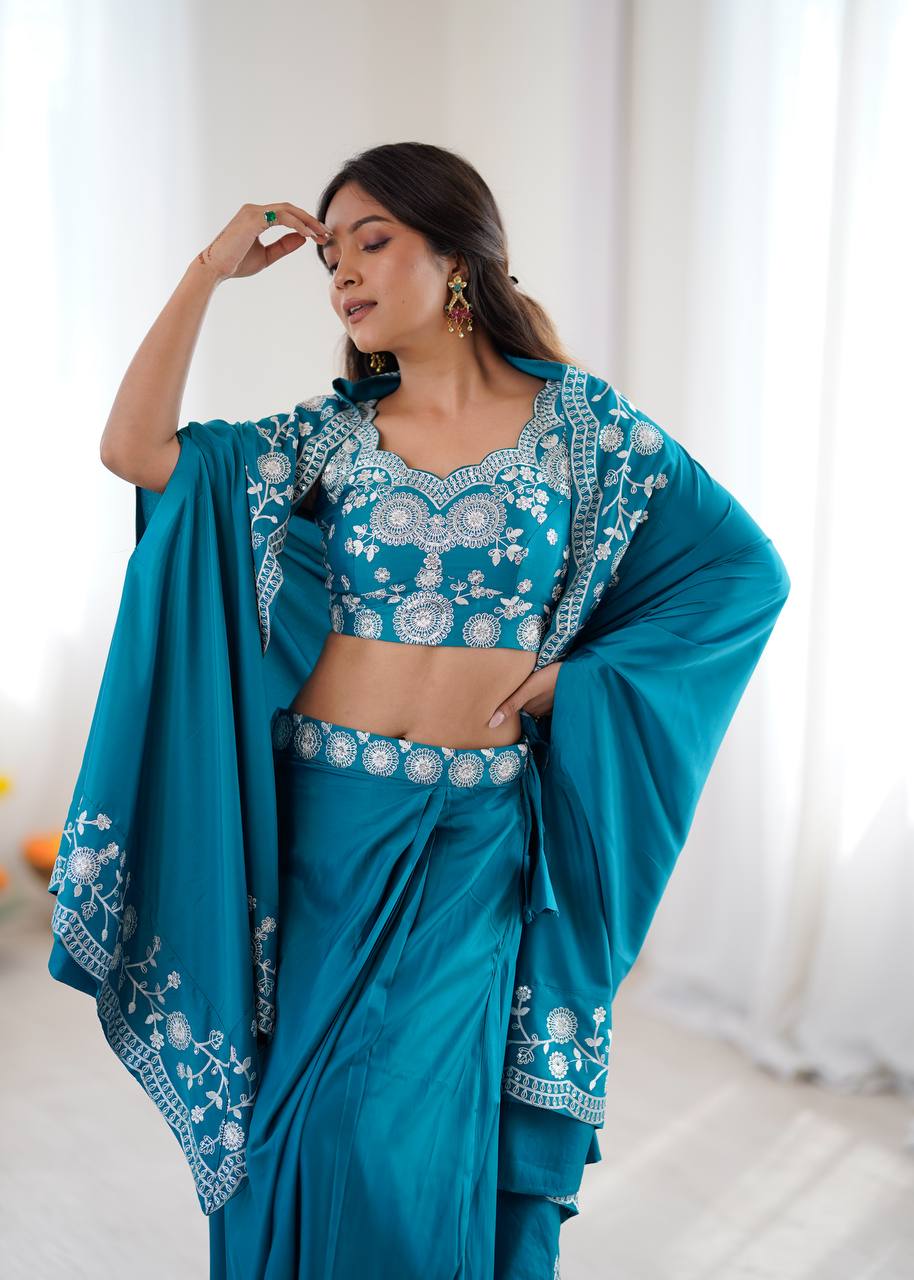 Women's Crepe Silk Indo-Western Dhoti Set with Embroidered Shrug and Choli