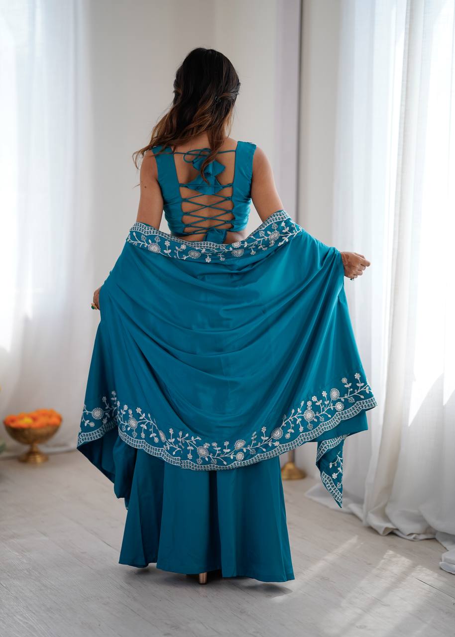 Women's Crepe Silk Indo-Western Dhoti Set with Embroidered Shrug and Choli