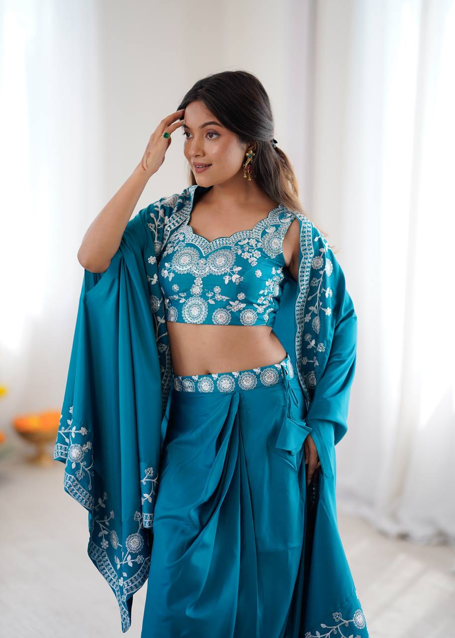 Women's Crepe Silk Indo-Western Dhoti Set with Embroidered Shrug and Choli