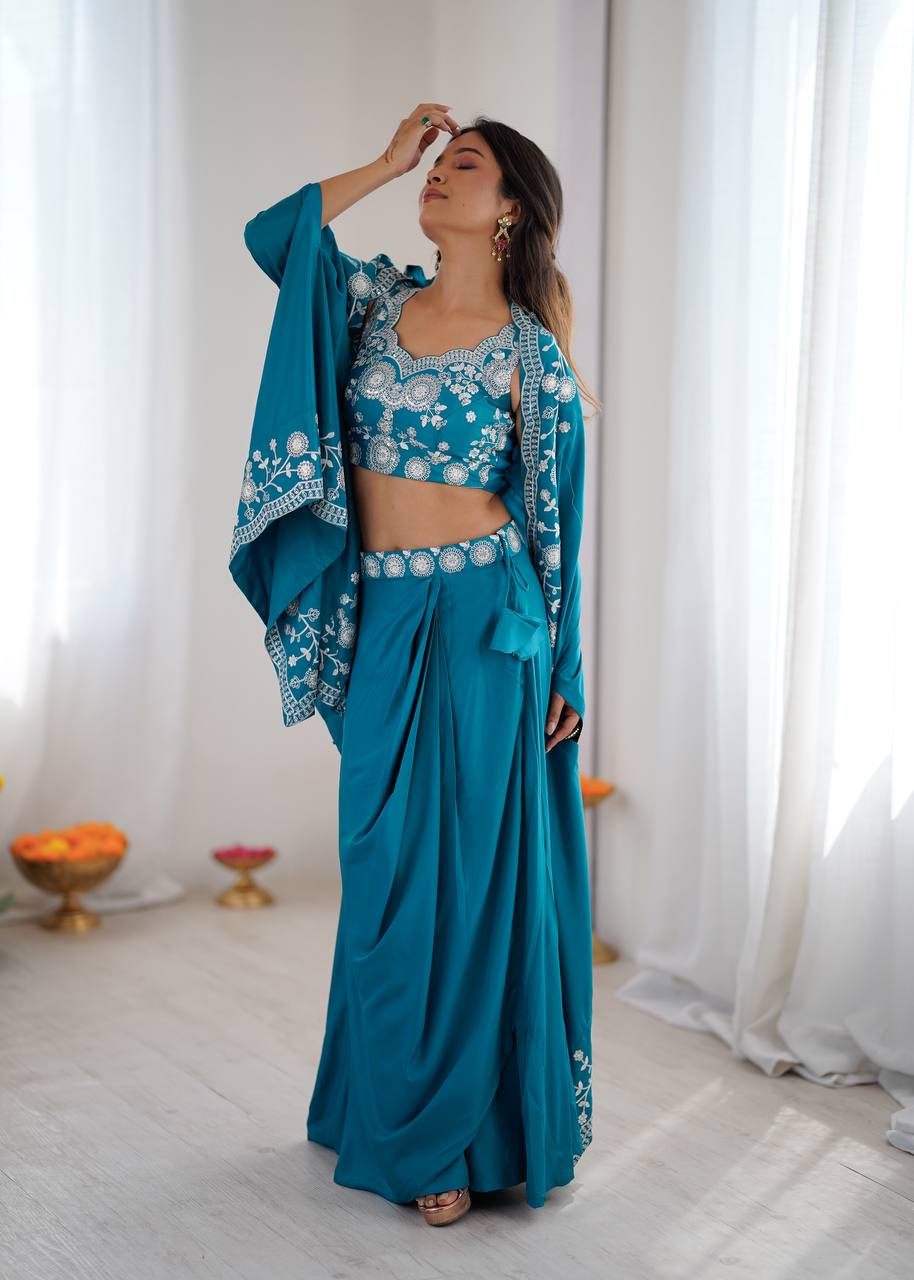 Women's Crepe Silk Indo-Western Dhoti Set with Embroidered Shrug and Choli
