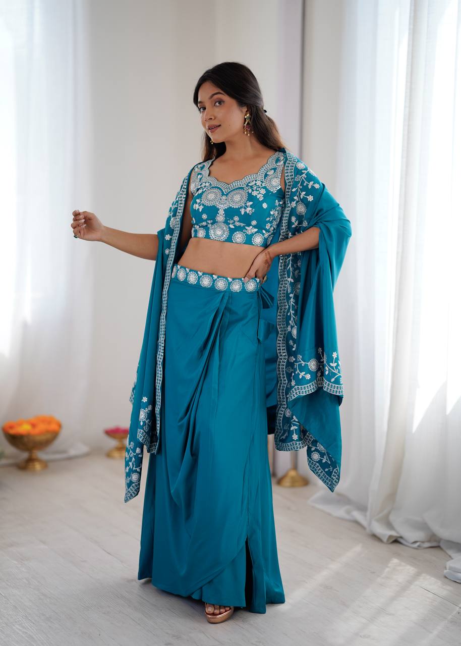 Women's Crepe Silk Indo-Western Dhoti Set with Embroidered Shrug and Choli
