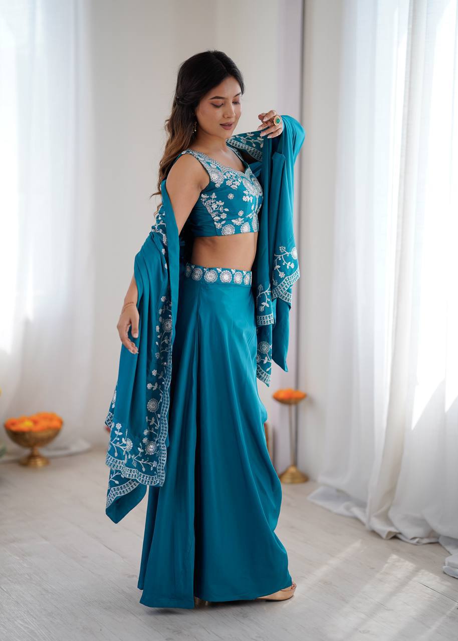 Women's Crepe Silk Indo-Western Dhoti Set with Embroidered Shrug and Choli