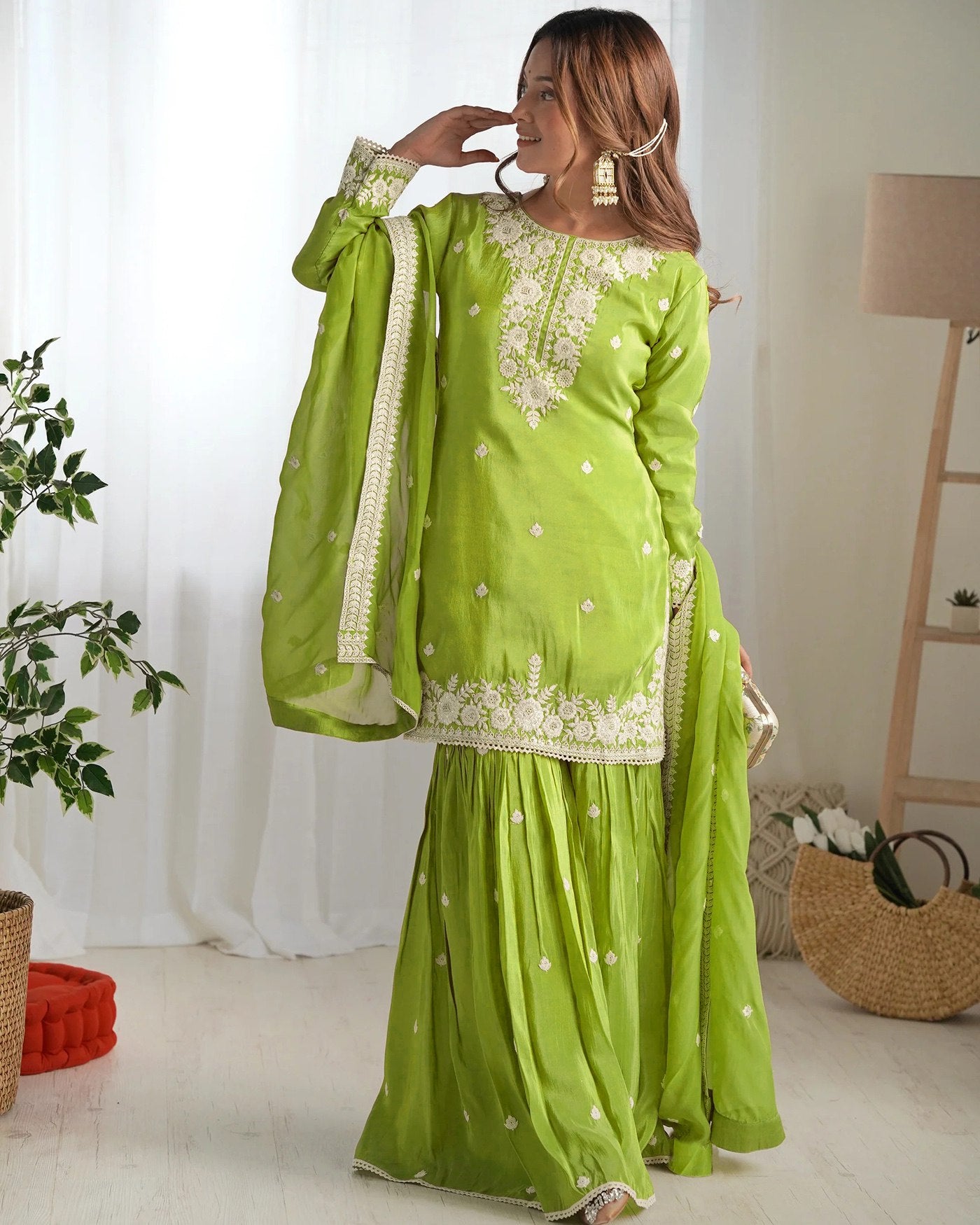 Women's Light Green Chinon Embroidered Kurta Sharara Set with Chinon Dupatta