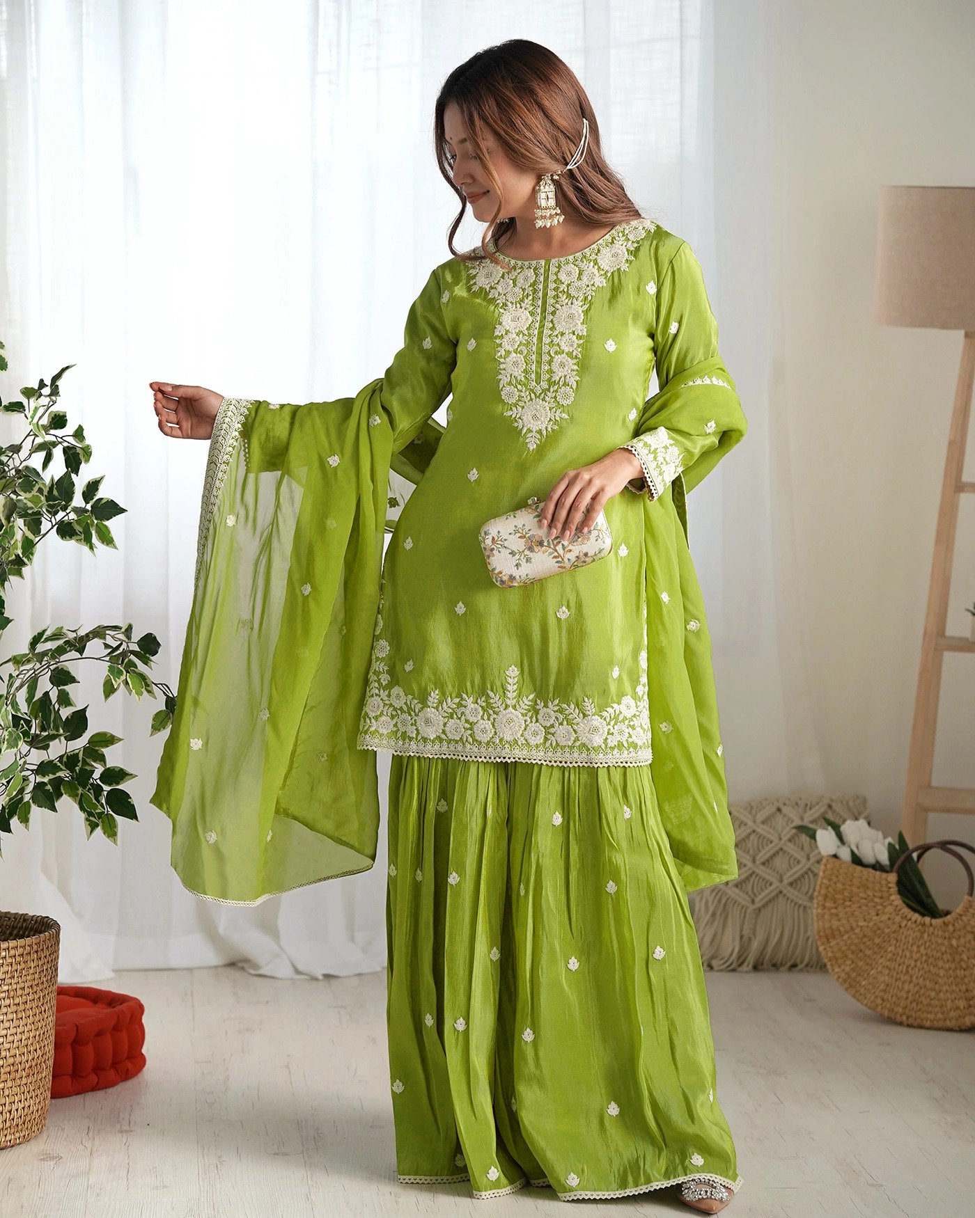 Women's Light Green Chinon Embroidered Kurta Sharara Set with Chinon Dupatta