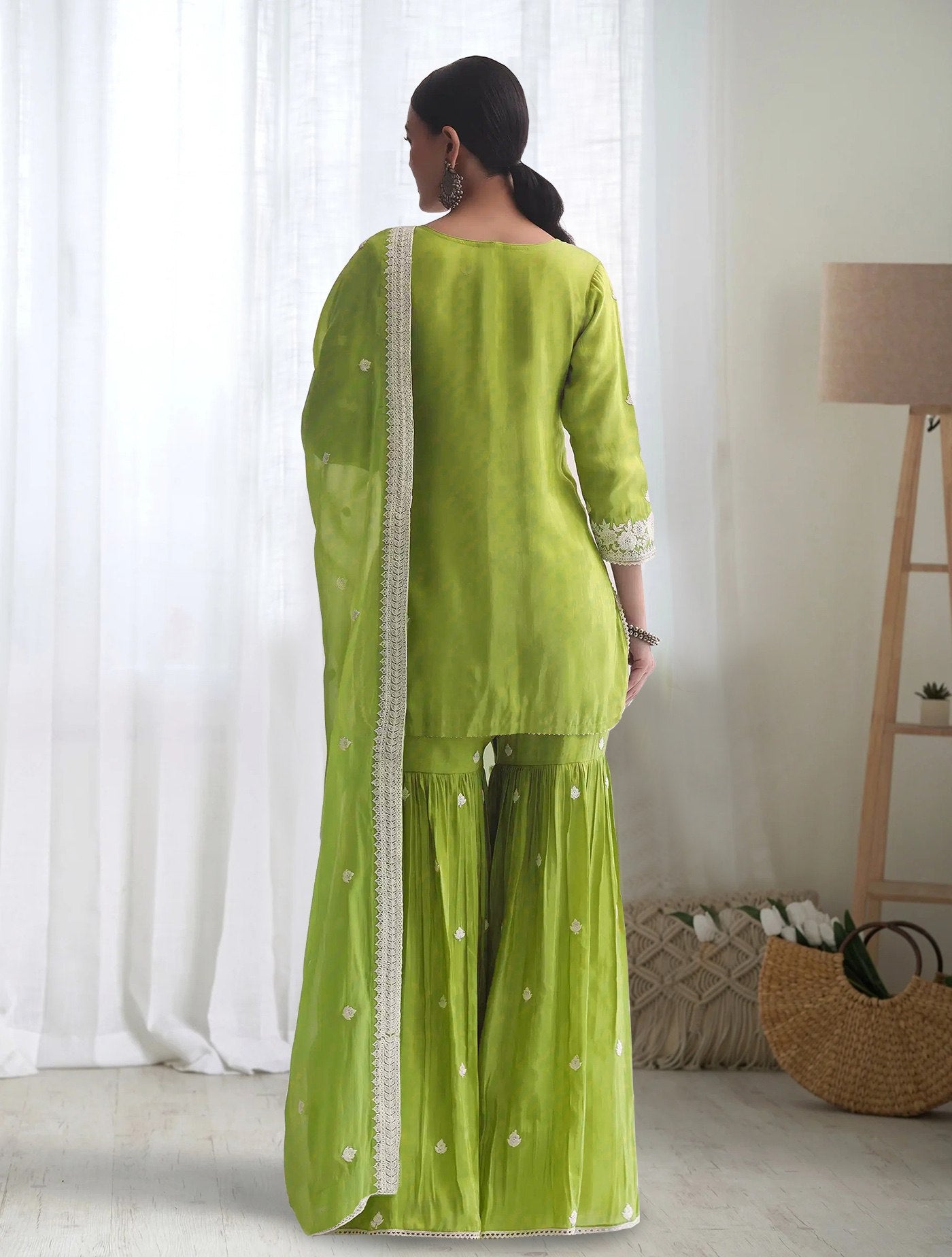 Women's Light Green Chinon Embroidered Kurta Sharara Set with Chinon Dupatta