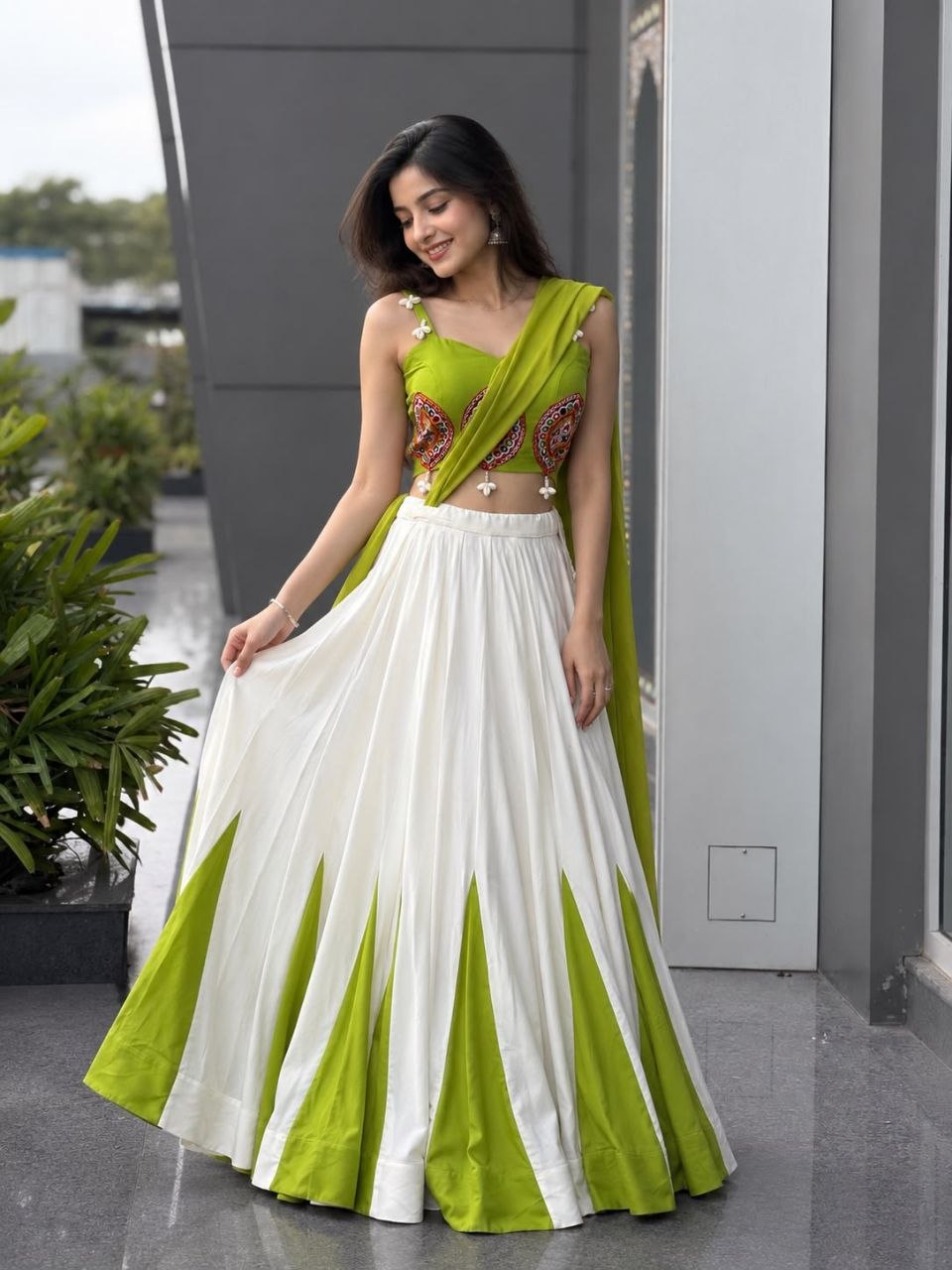 Navratri Special Cotton Lehenga Choli with Mirror & Pearl Kodi Handwork