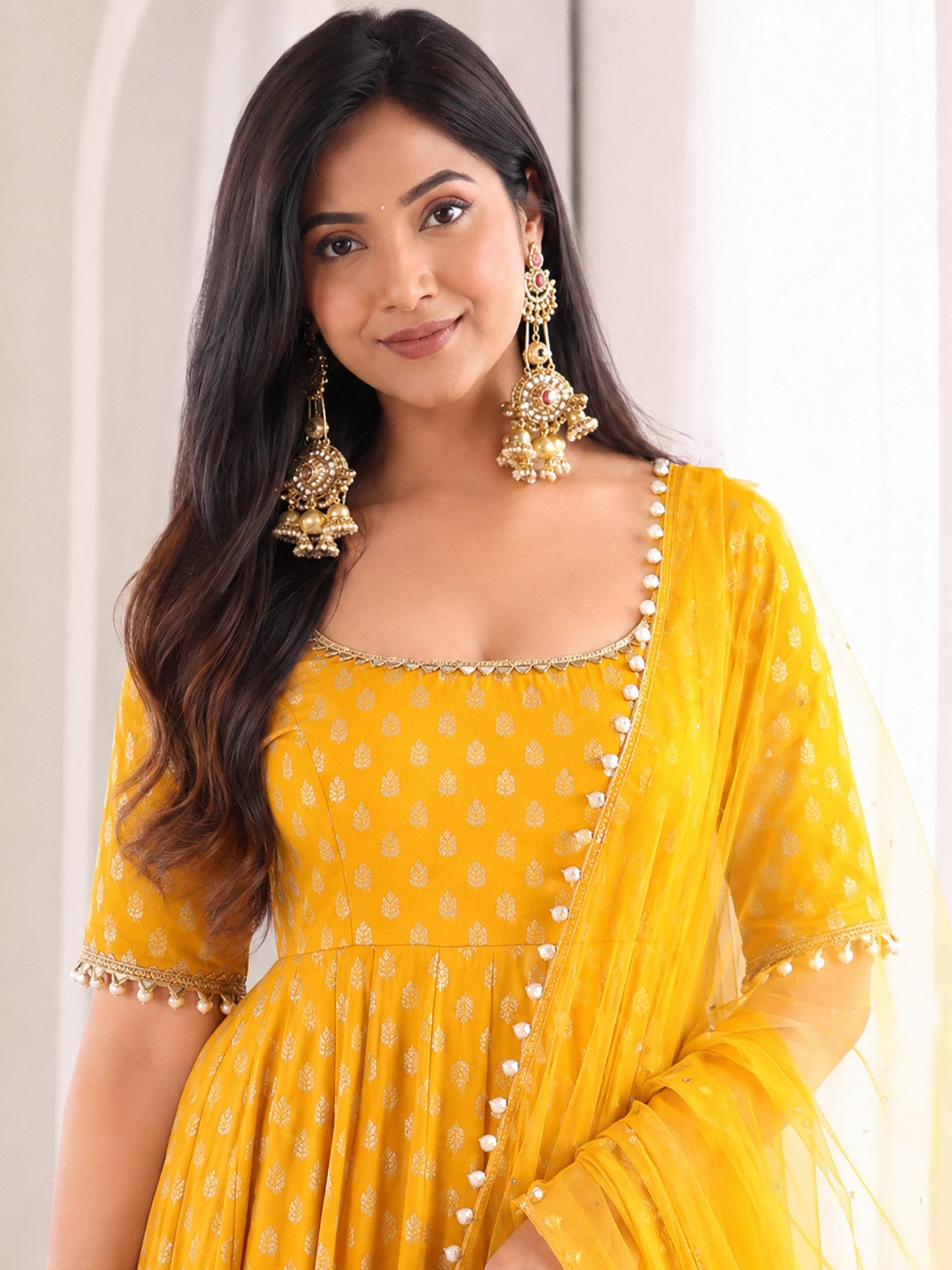 Women's Chanderi Jacquard Butti Embroidered Anarkali Kurta Set with Faux Georgette Dupatta