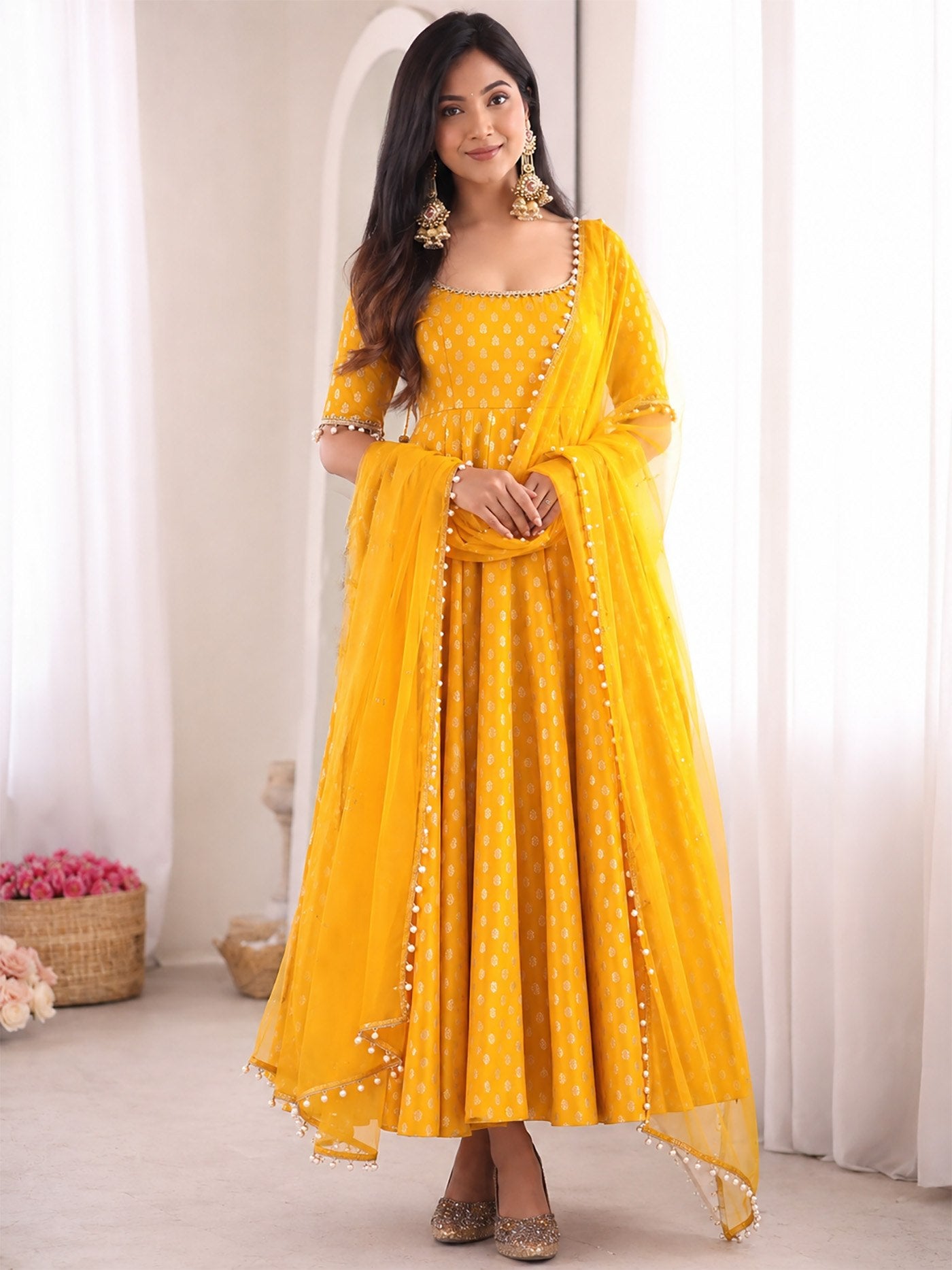 Women's Chanderi Jacquard Butti Embroidered Anarkali Kurta Set with Faux Georgette Dupatta