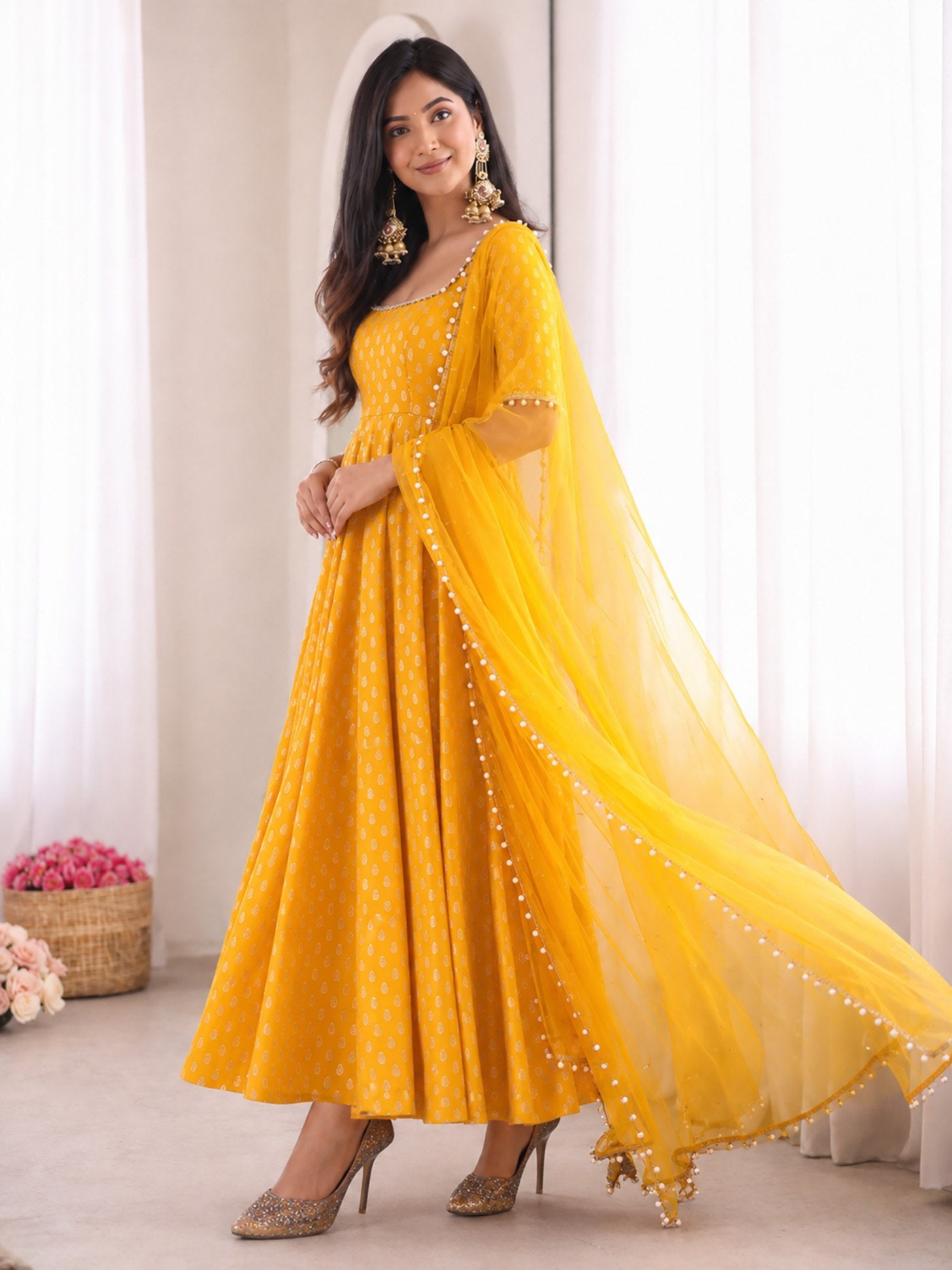 Women's Chanderi Jacquard Butti Embroidered Anarkali Kurta Set with Faux Georgette Dupatta