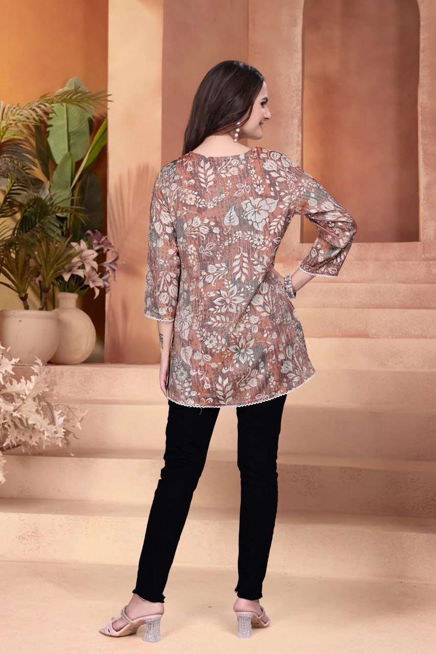 Printed Capsule Fabric Top with V Neck
