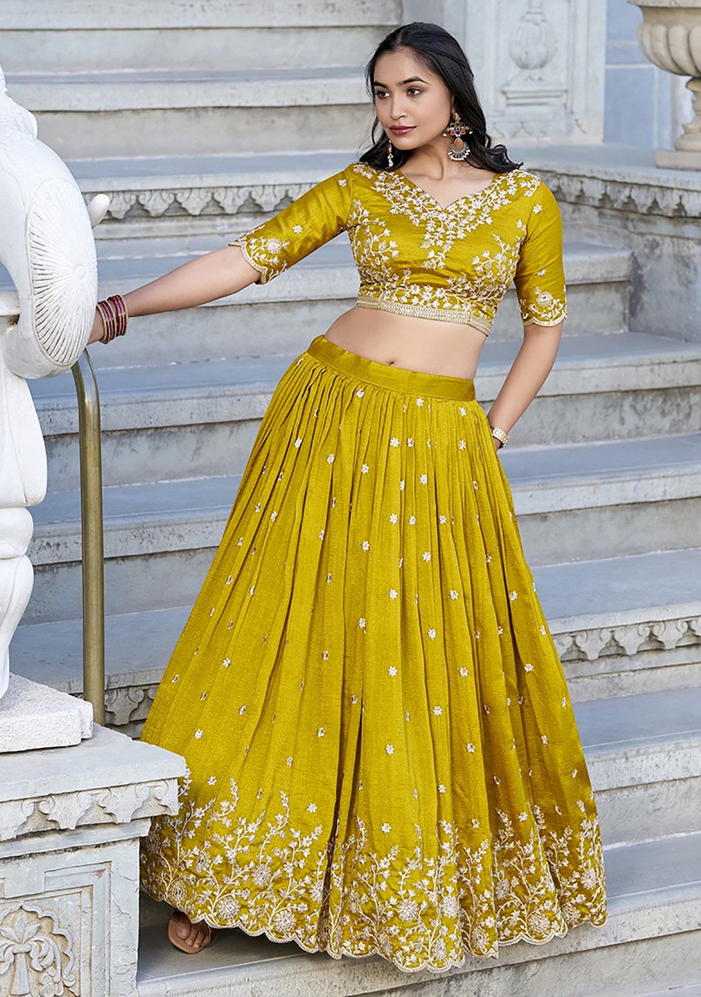Women's Mustard Chinon Embroidered Semi-Stitched Lehenga Choli with Chinon Dupatta