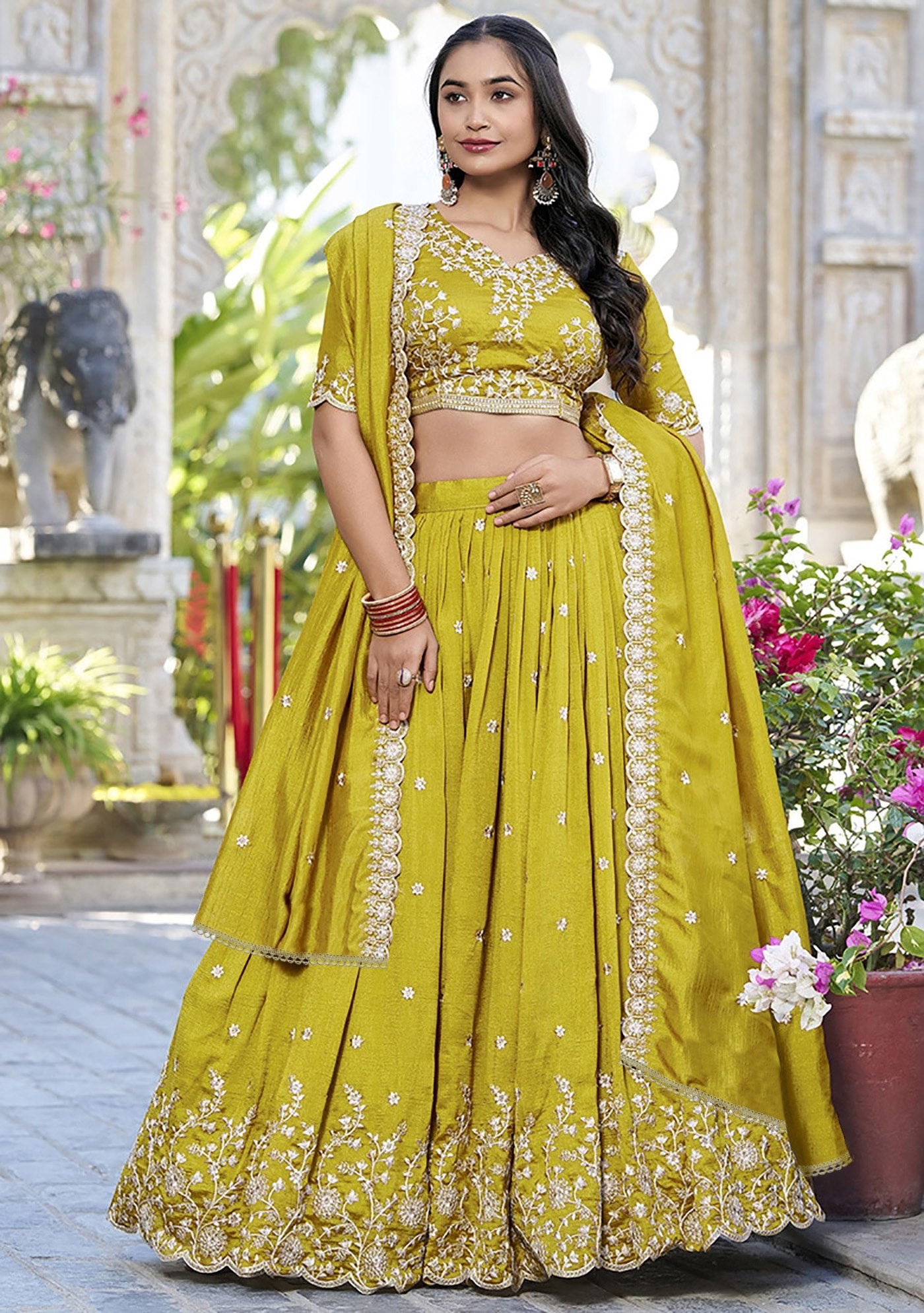 Women's Mustard Chinon Embroidered Semi-Stitched Lehenga Choli with Chinon Dupatta