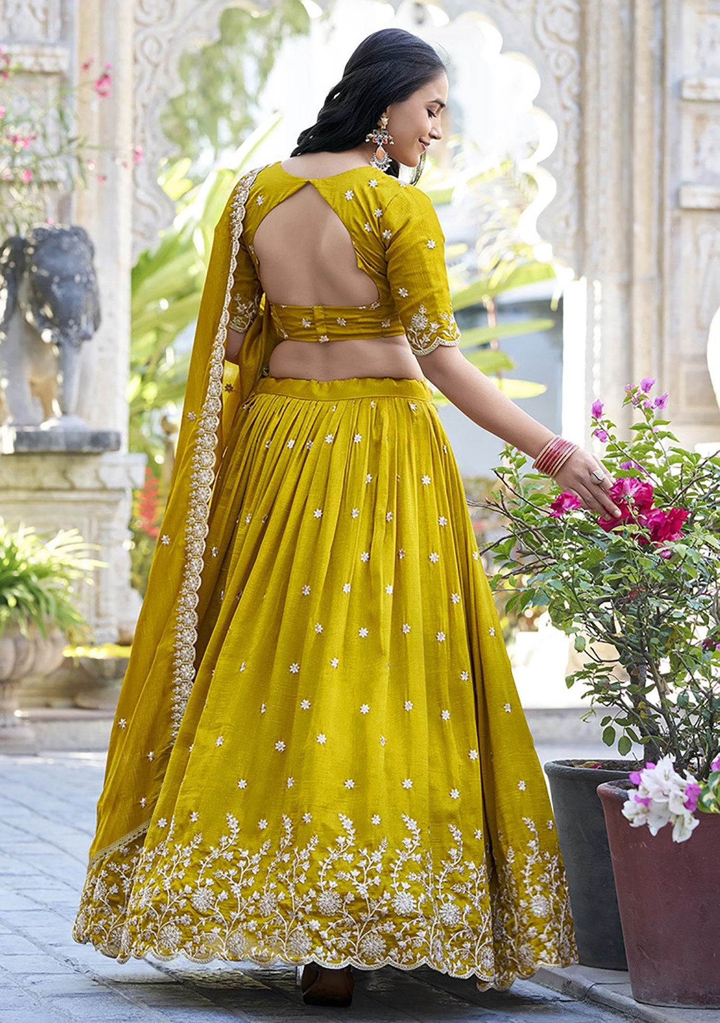 Women's Mustard Chinon Embroidered Semi-Stitched Lehenga Choli with Chinon Dupatta