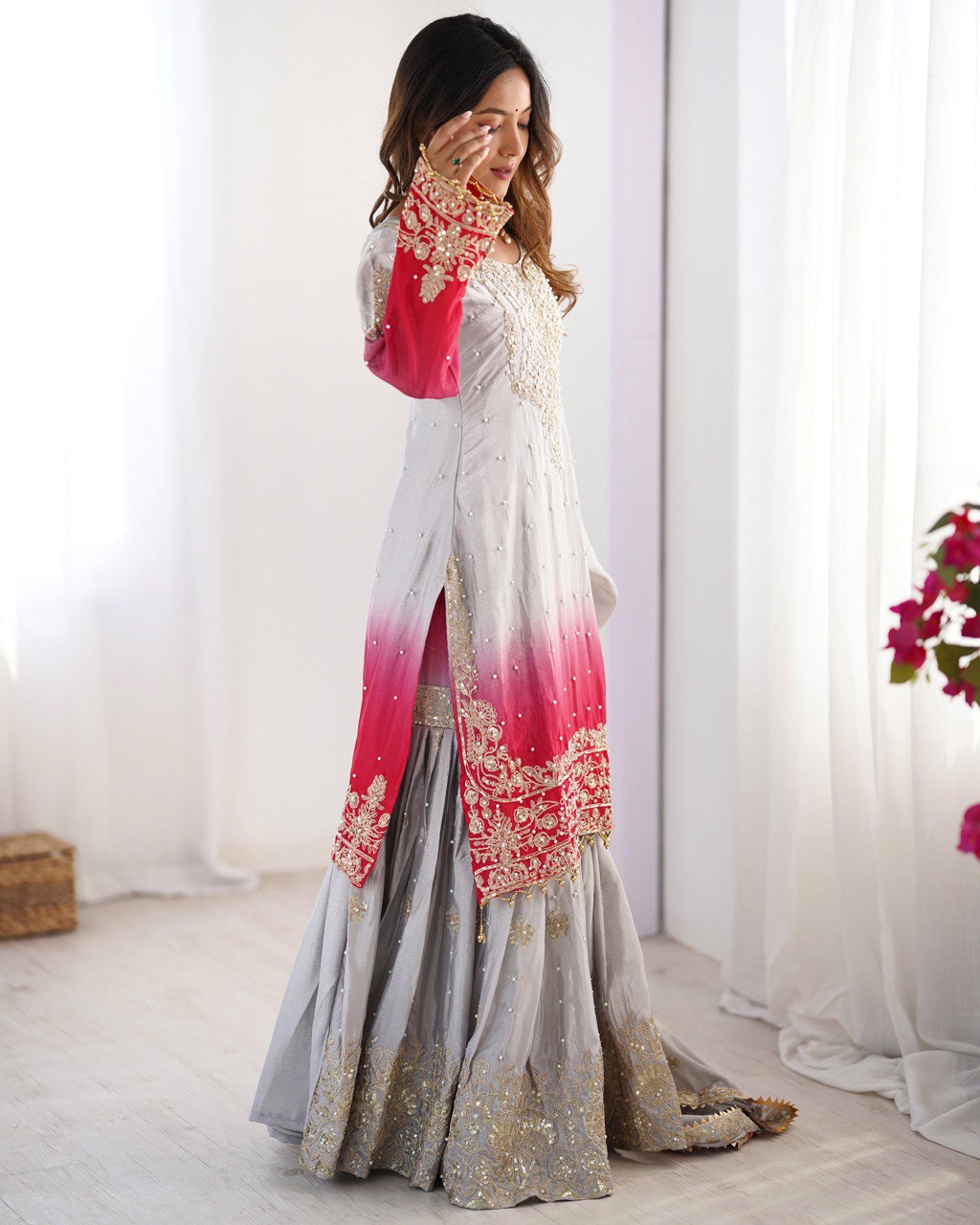 Women's Chinon Silk Embroidered Palazzo Set with Dupatta