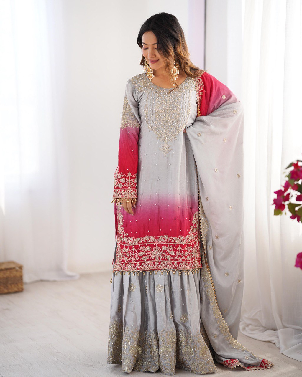 Women's Chinon Silk Embroidered Palazzo Set with Dupatta