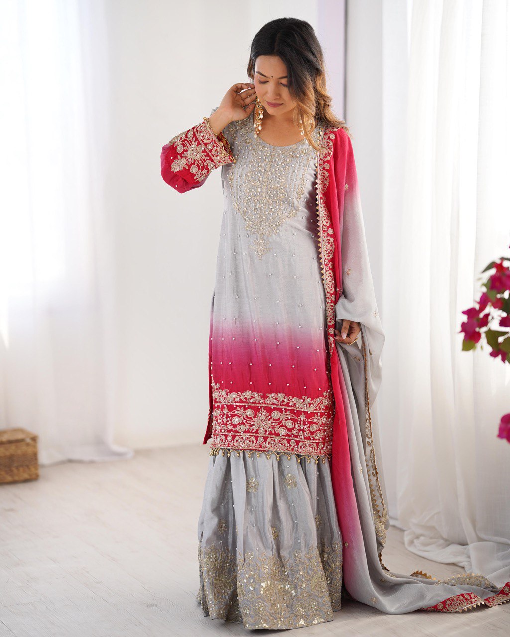 Women's Chinon Silk Embroidered Palazzo Set with Dupatta