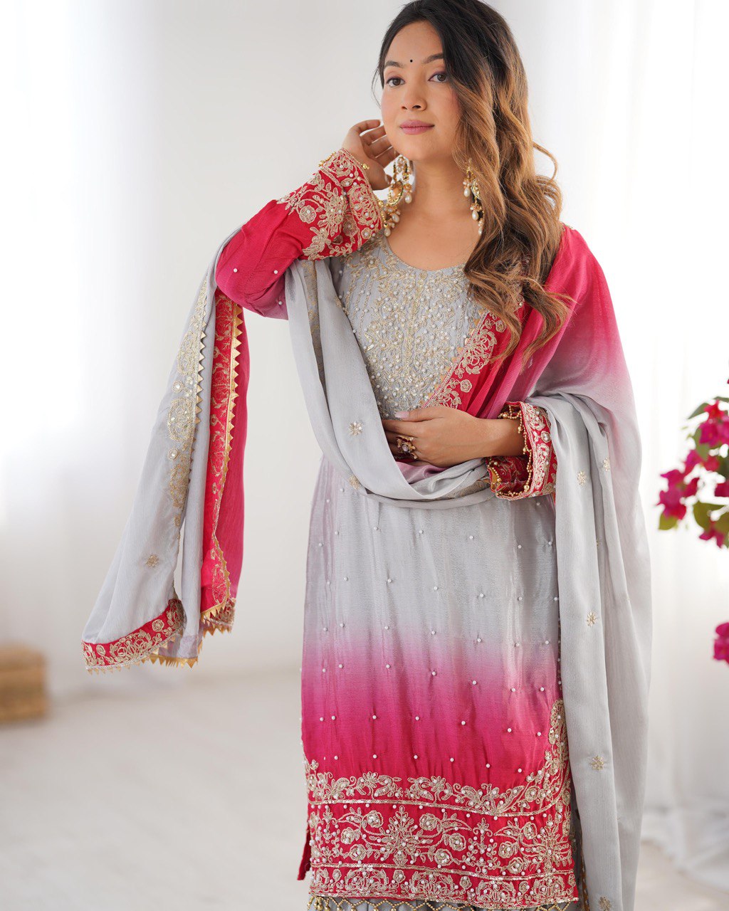 Women's Chinon Silk Embroidered Palazzo Set with Dupatta
